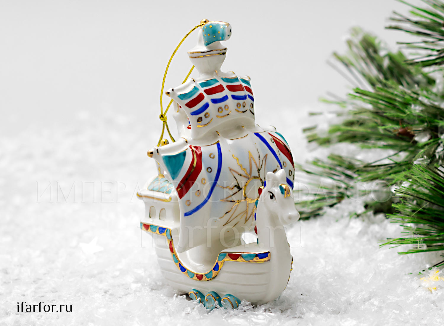 Елочная игрушка «Кораблик» Форма: Кораблик. Фарфор. 110 x 140 мм.
