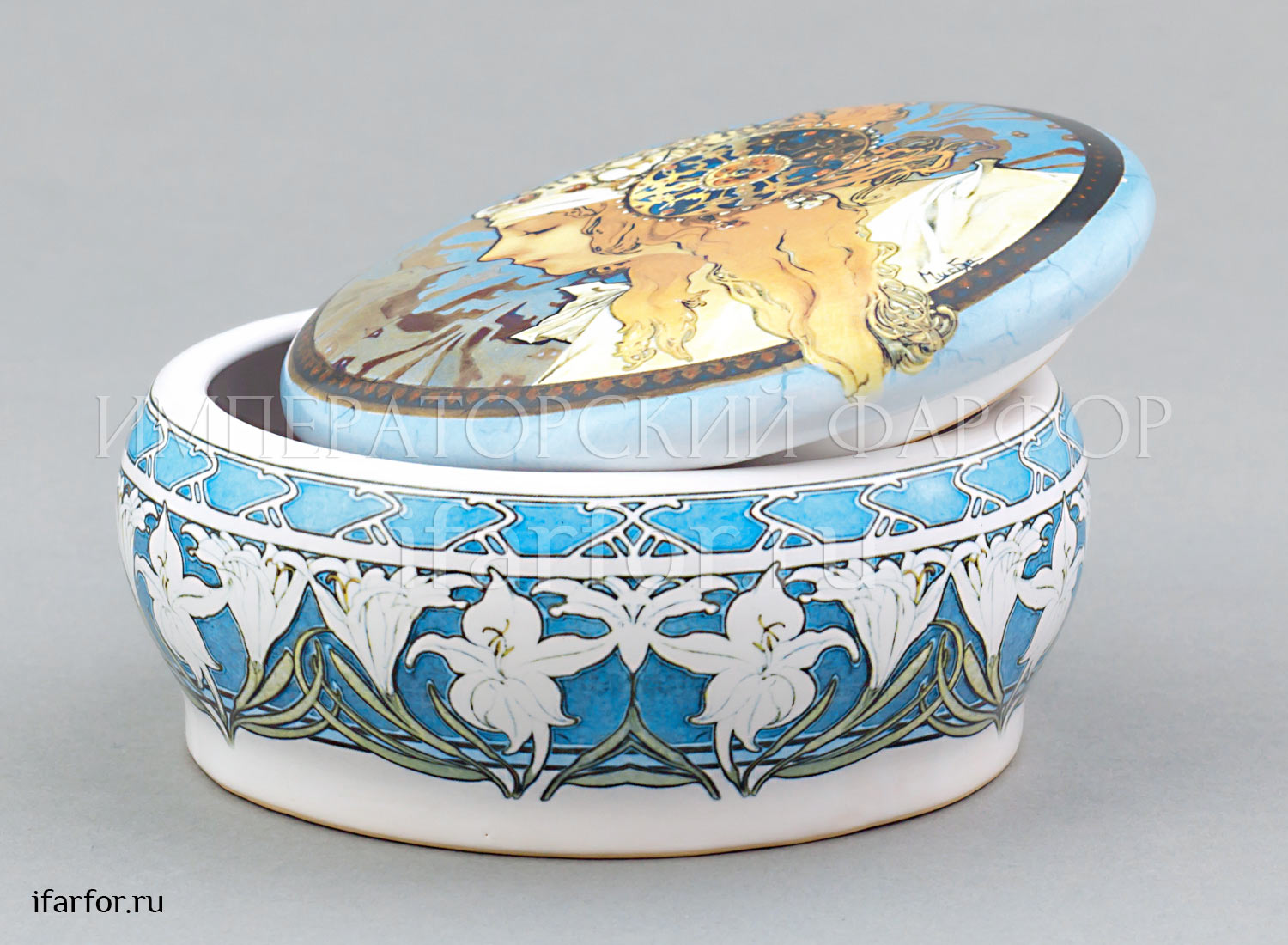 Шкатулка «Дамская» Форма: Круглая. Майолика. 110 x 63 мм.