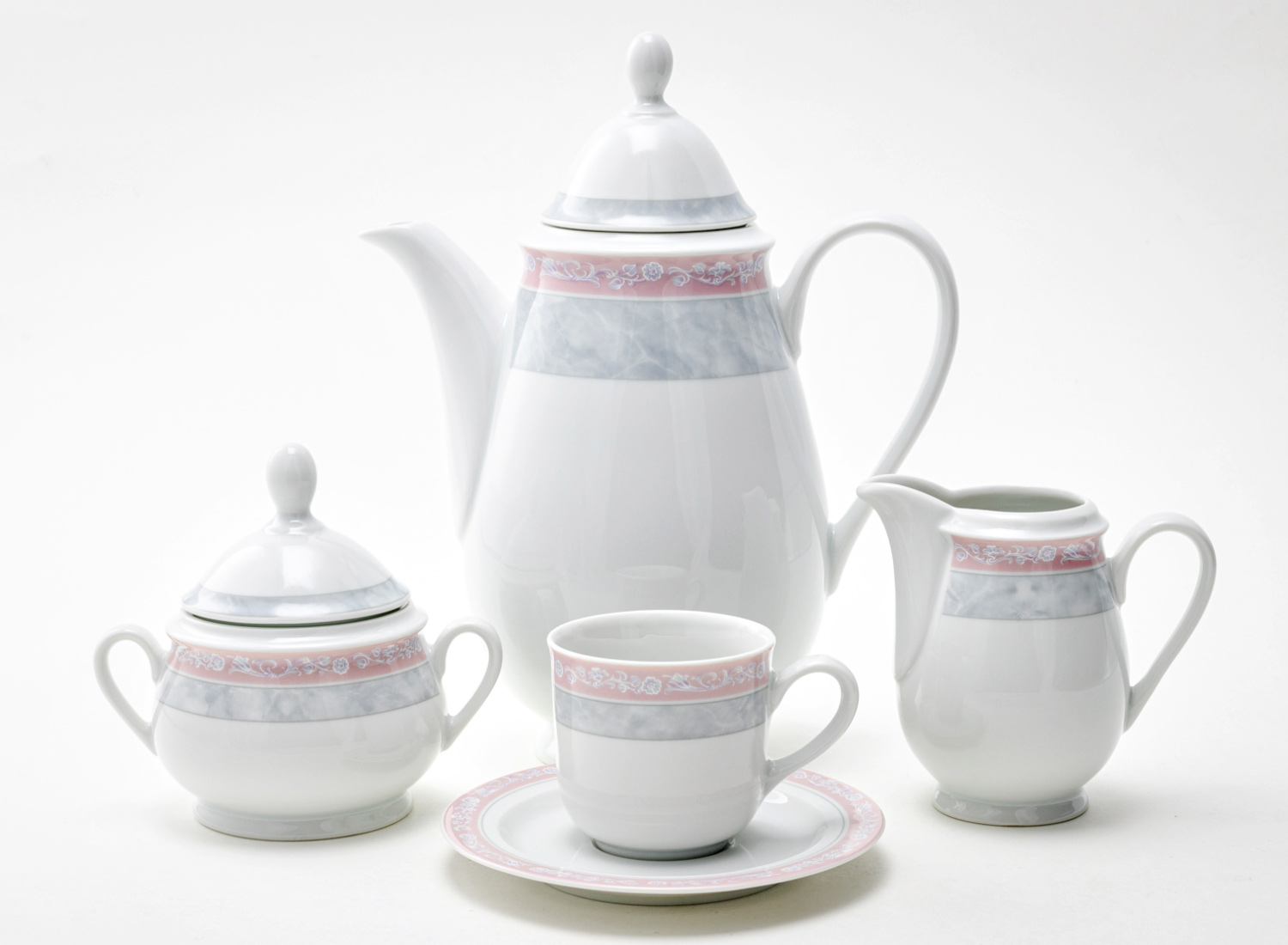 Сервиз кофейный «Серый мрамор с розовым кантом» 6/17 Форма: Яна. Фарфор
