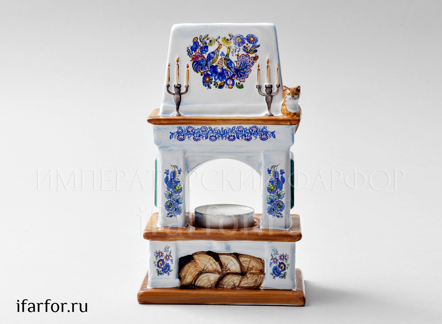 Подсвечник «Камин Гжель» Майолика. 105 x 160 мм.