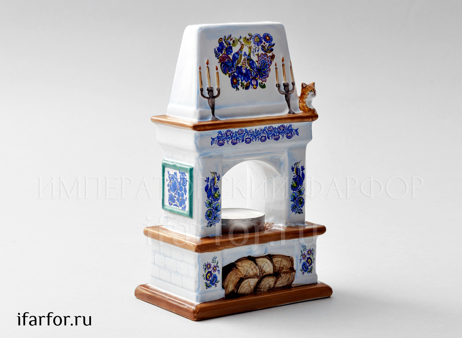 Подсвечник «Камин Гжель» Майолика. 105 x 160 мм.
