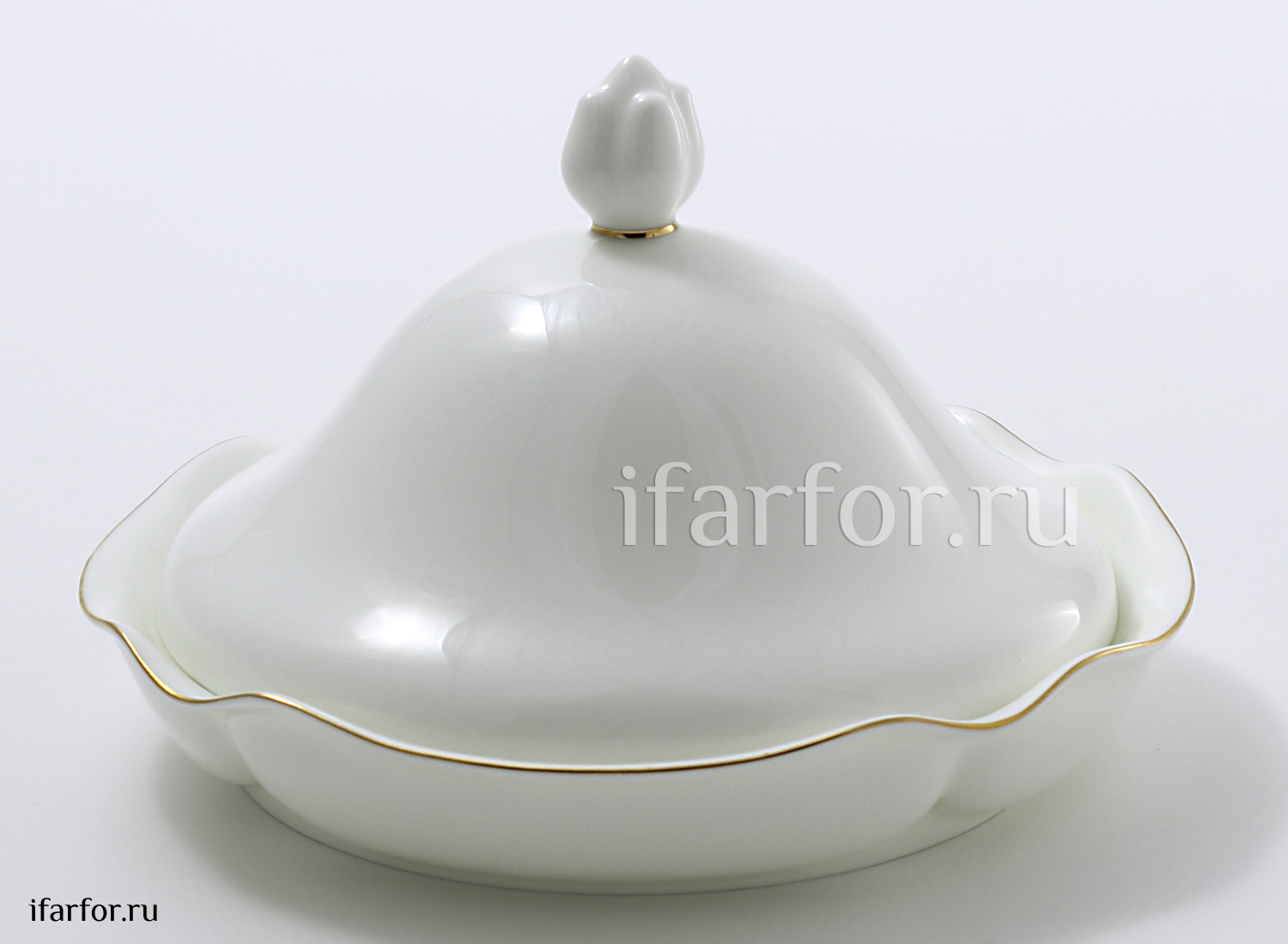 Масленка «Золотая лента» Форма: Наташа. Тонкостенный костяной фарфор. 153 x 153 x 100 мм.