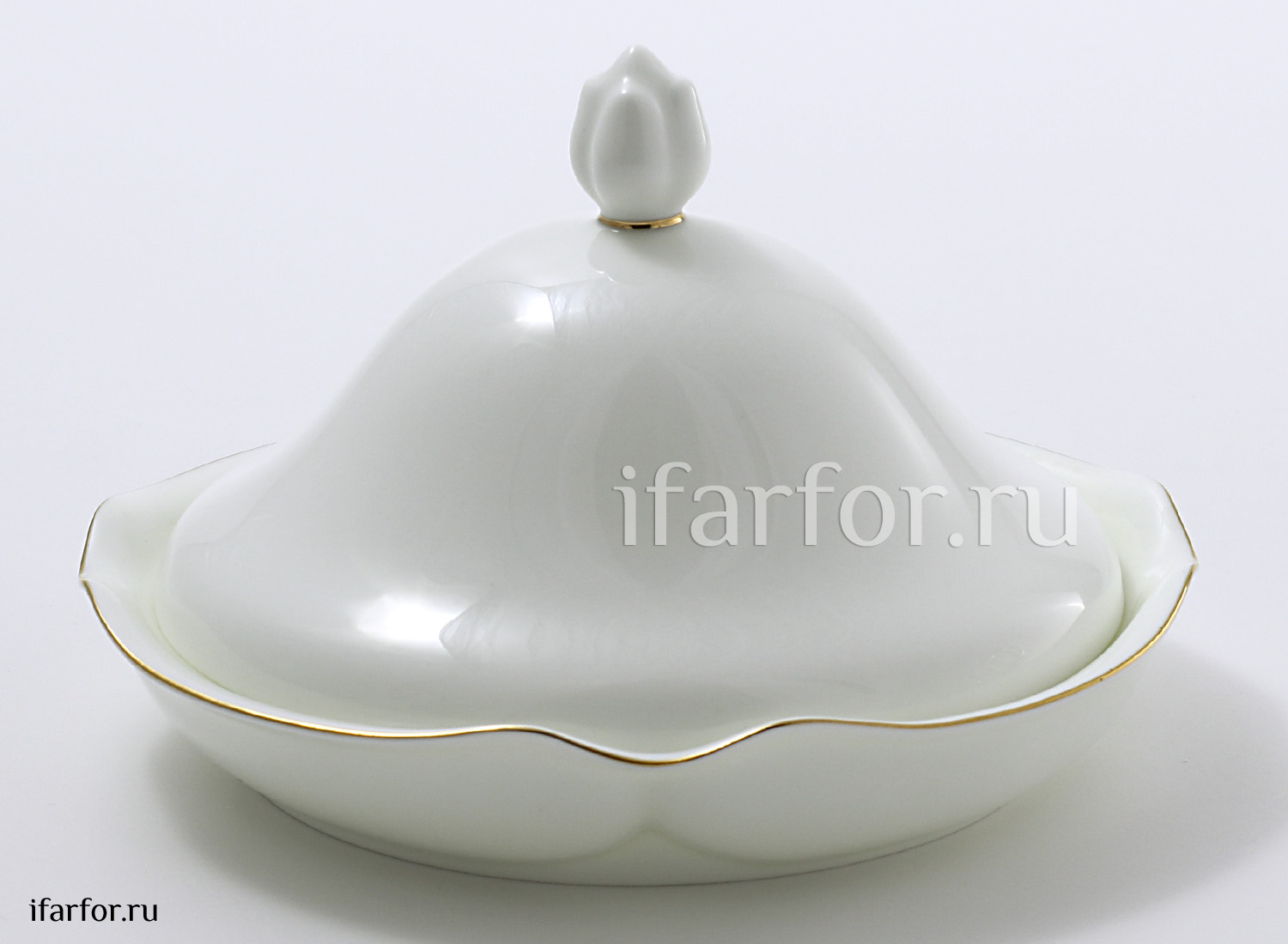 Масленка «Золотая лента» Форма: Наташа. Тонкостенный костяной фарфор. 153 x 153 x 100 мм.