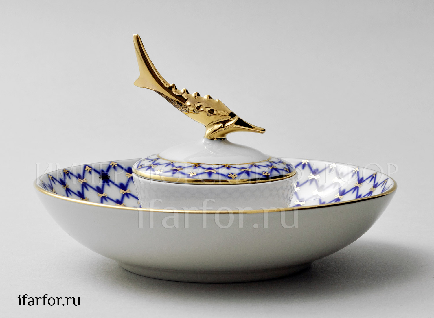 Икорница «Кобальтовая сетка» Форма: Каспийская. Твердый фарфор. 157 x 122 мм.