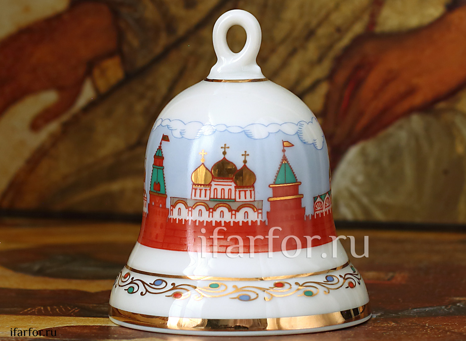 Колокольчик «Соборы Кремля» Форма: Петелька. Твердый фарфор. 55 x 65 мм.