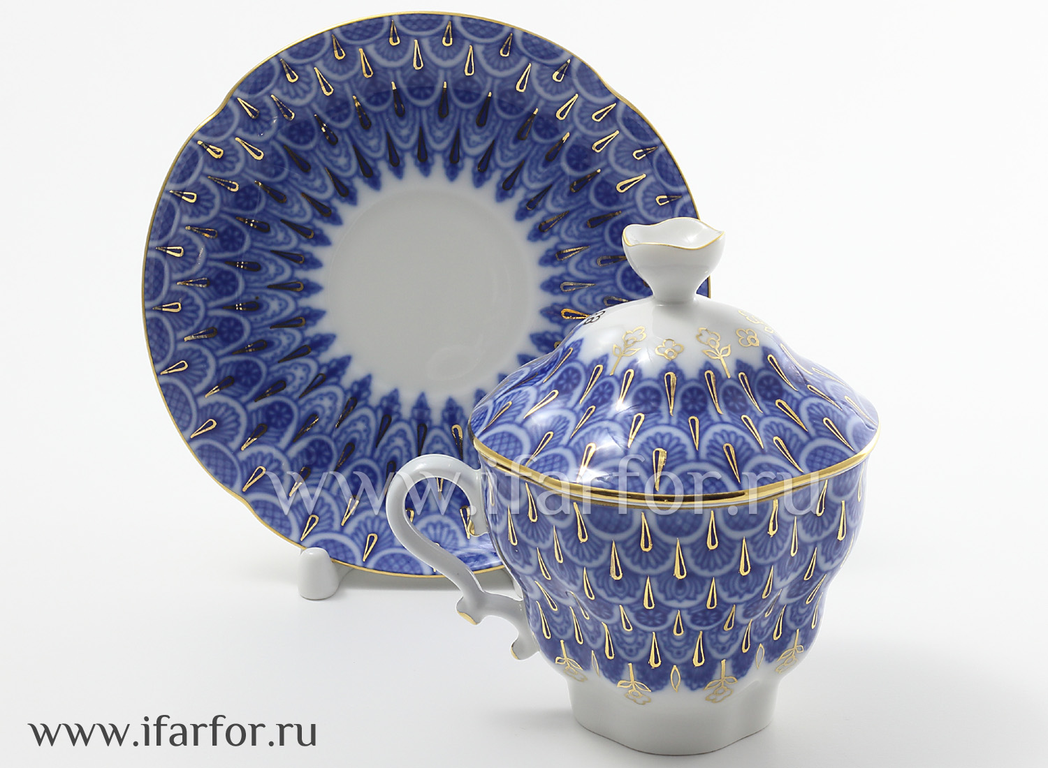 Чашка с блюдцем и крышкой чайная «Чешуйка» Форма: Подарочная-2. Твердый фарфор. 250 мл.