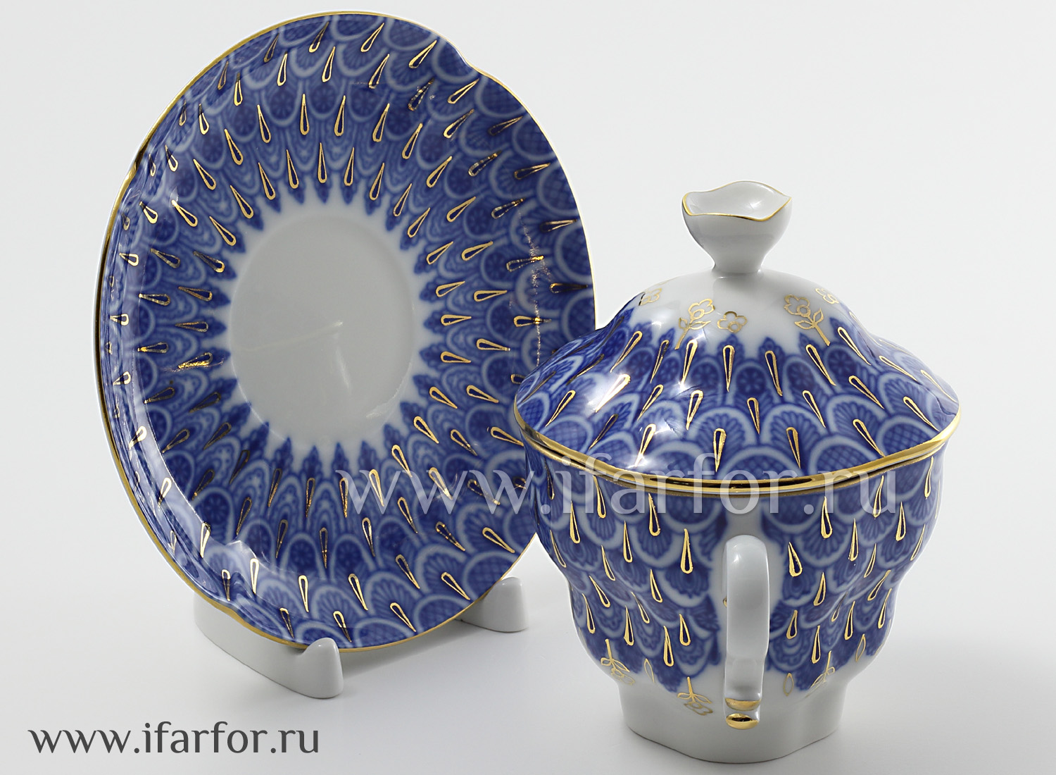 Чашка с блюдцем и крышкой чайная «Чешуйка» Форма: Подарочная-2. Твердый фарфор. 250 мл.