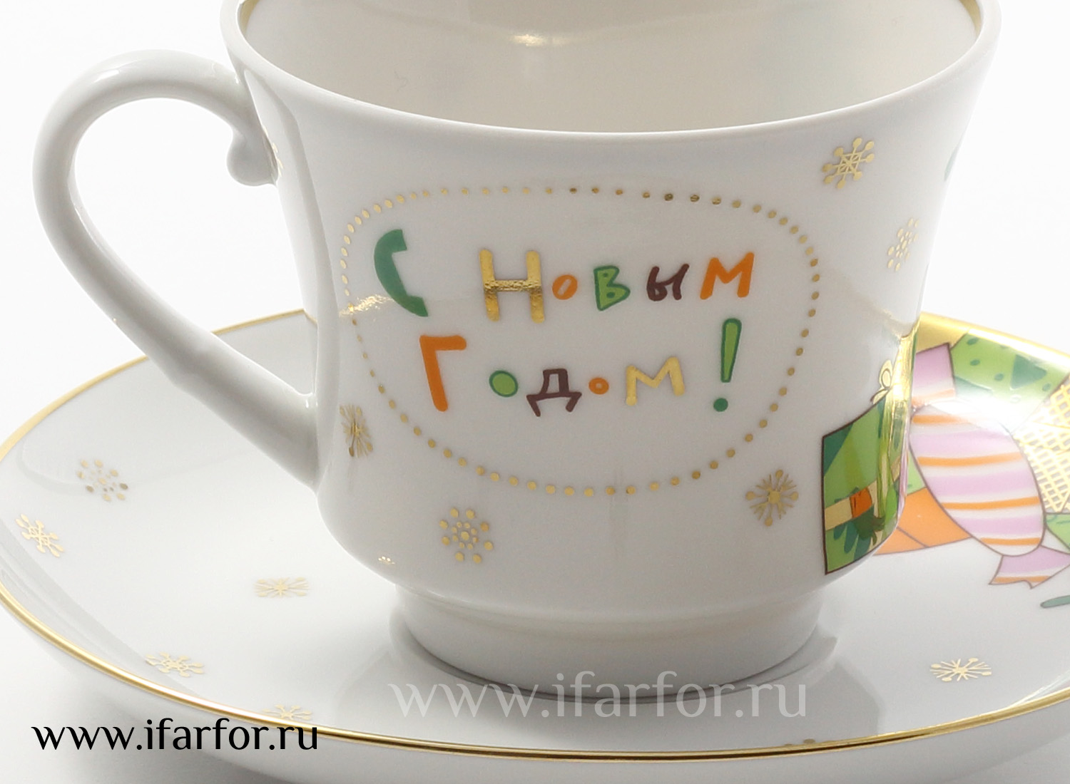 Чашка с блюдцем чайная «С Новым годом» 1/2 Форма: Банкетная. Твердый фарфор. 220 мл.