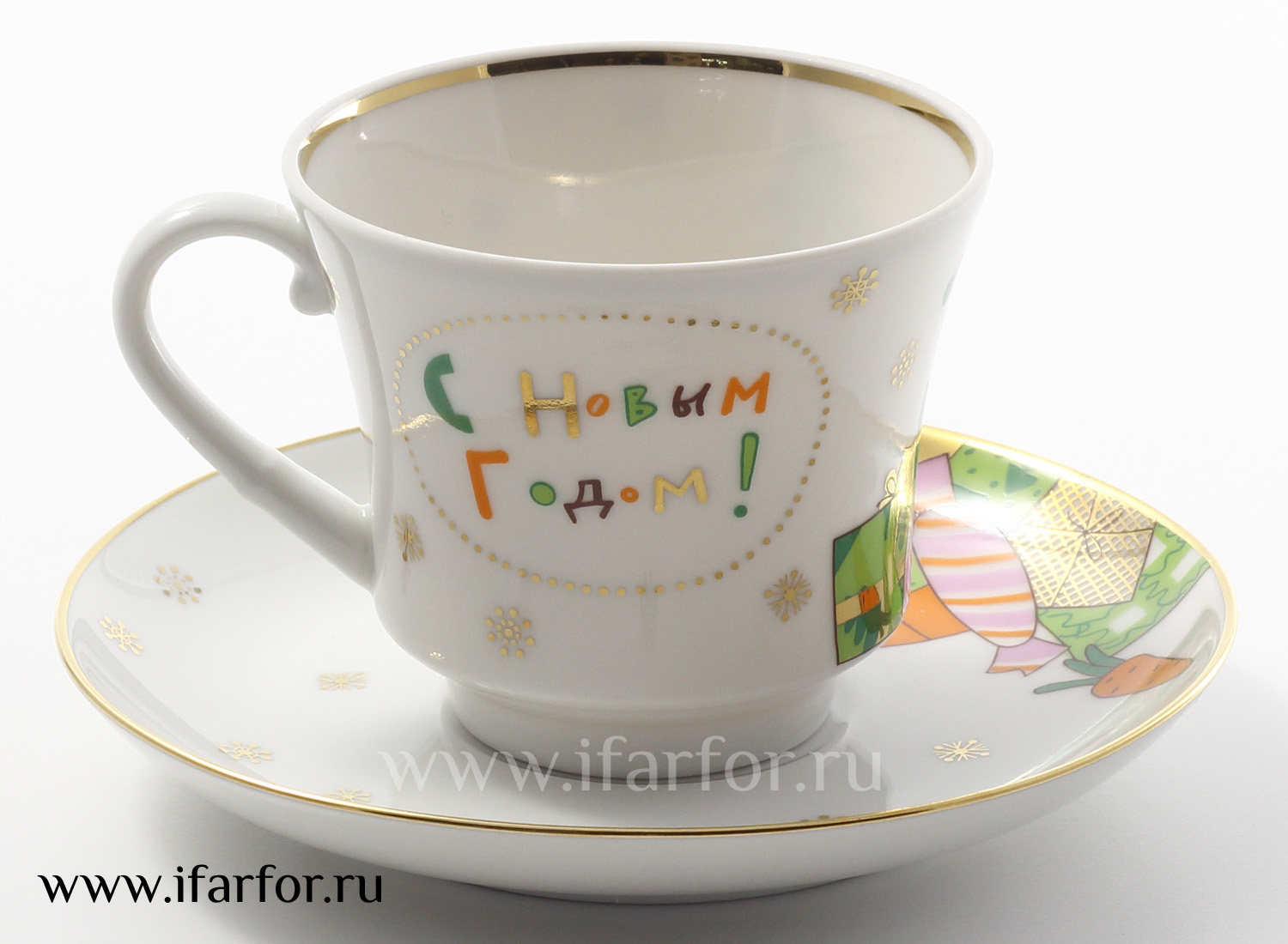 Чашка с блюдцем чайная «С Новым годом» 1/2 Форма: Банкетная. Твердый фарфор. 220 мл.
