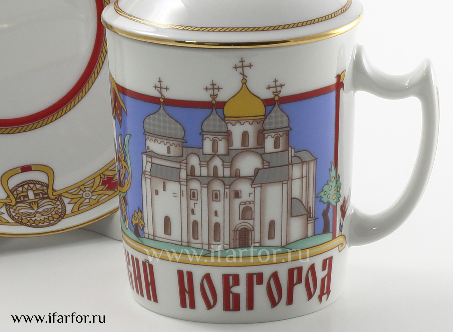 Бокал с блюдцем и крышкой «Великий Новгород» Форма: Снежное утро. Твердый фарфор. 380 мл.