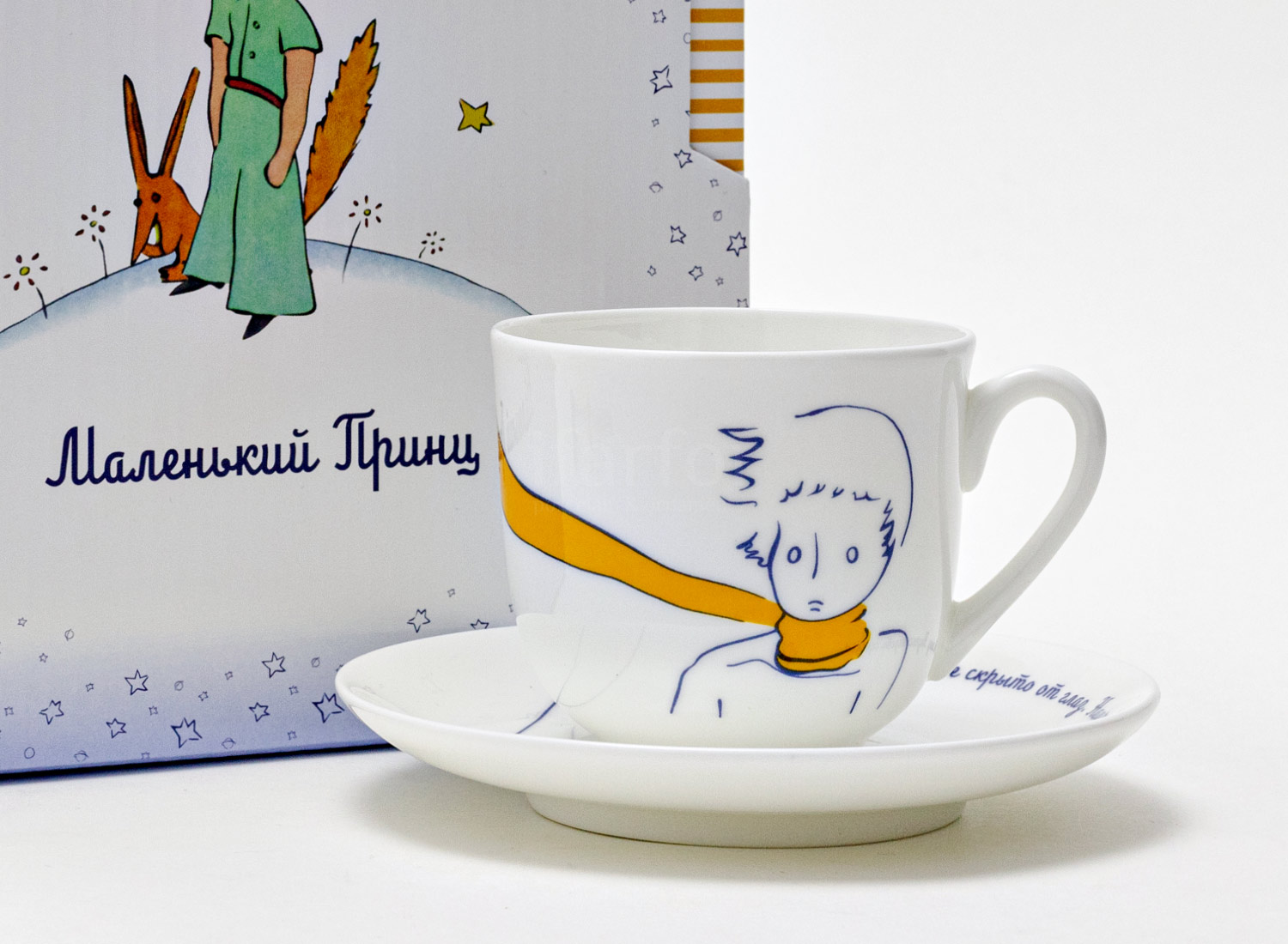 Чашка с блюдцем в подарочной коробке «Портрет Маленького Принца» 1/2 Форма: Ландыш. Тонкостенный костяной фарфор. 180 мл.
