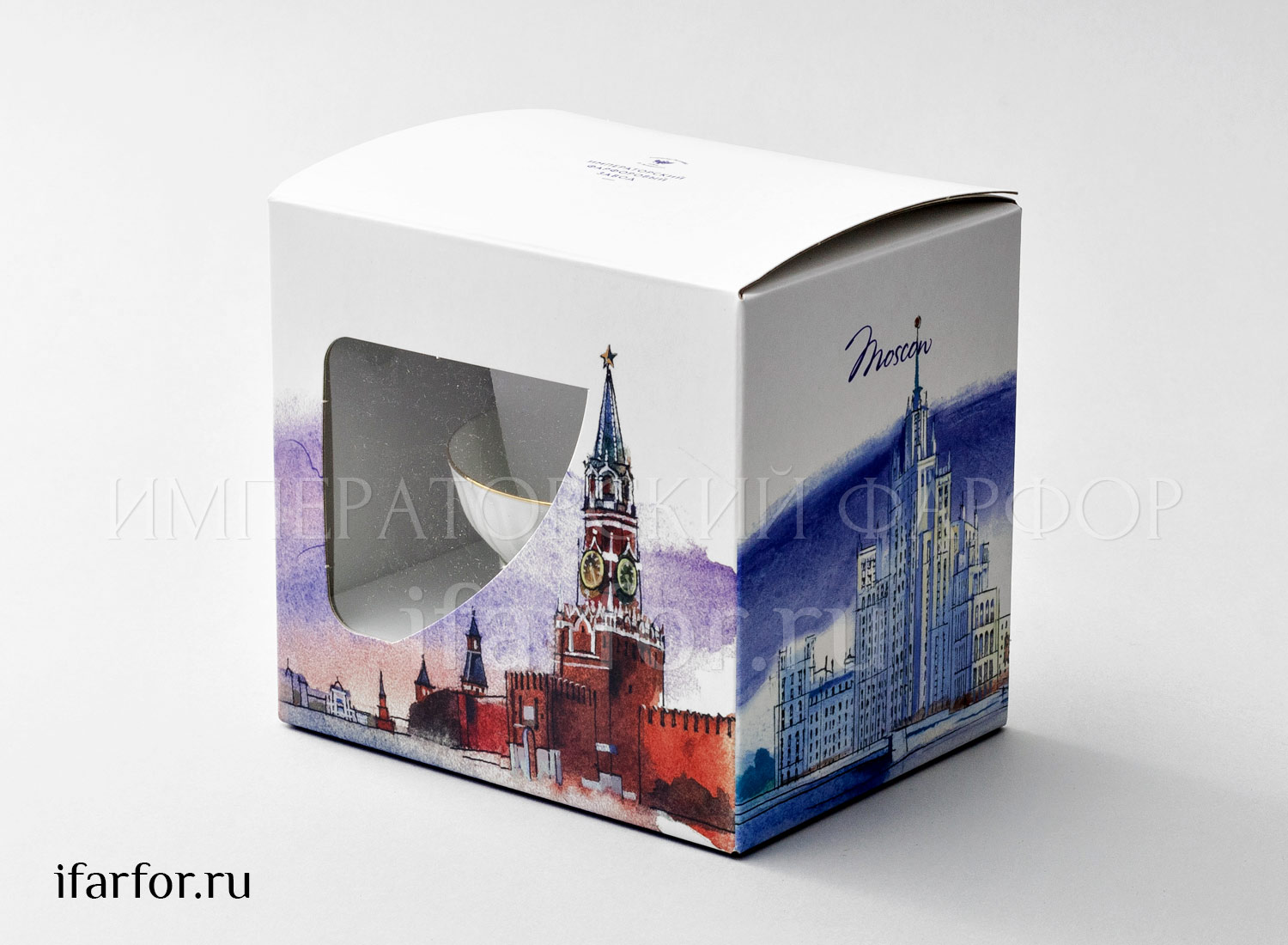 Чашка с блюдцем в подарочной коробке Москва «Кобальтовая сетка» 1/2 Форма: Волна. Тонкостенный костяной фарфор. 155 мл.