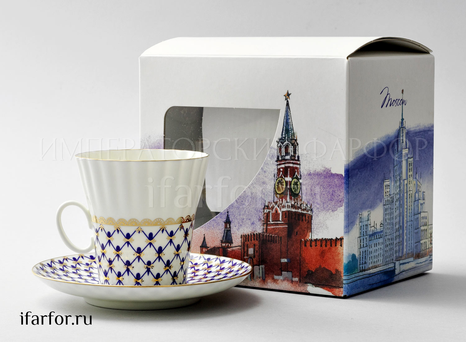 Чашка с блюдцем в подарочной коробке Москва «Кобальтовая сетка» 1/2 Форма: Одуванчик. Тонкостенный костяной фарфор. 175 мл.