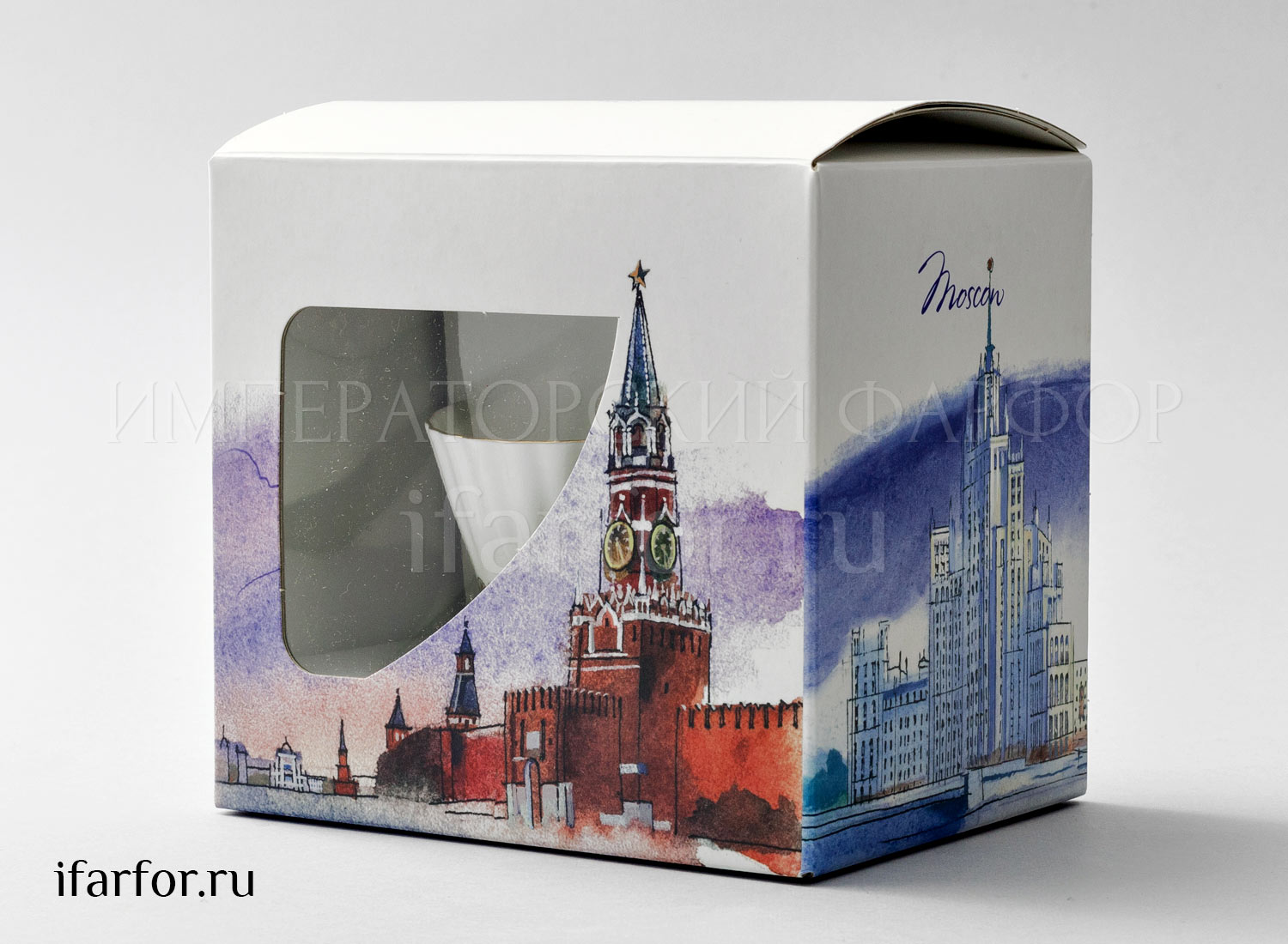 Чашка с блюдцем в подарочной коробке Москва «Кобальтовая сетка» 1/2 Форма: Одуванчик. Тонкостенный костяной фарфор. 175 мл.