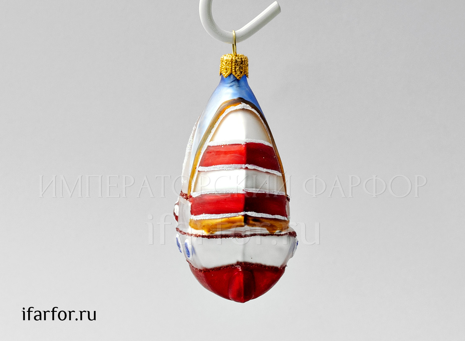 Елочная игрушка «Парусник полосатый красный» Стекло. 70 x 85 мм.
