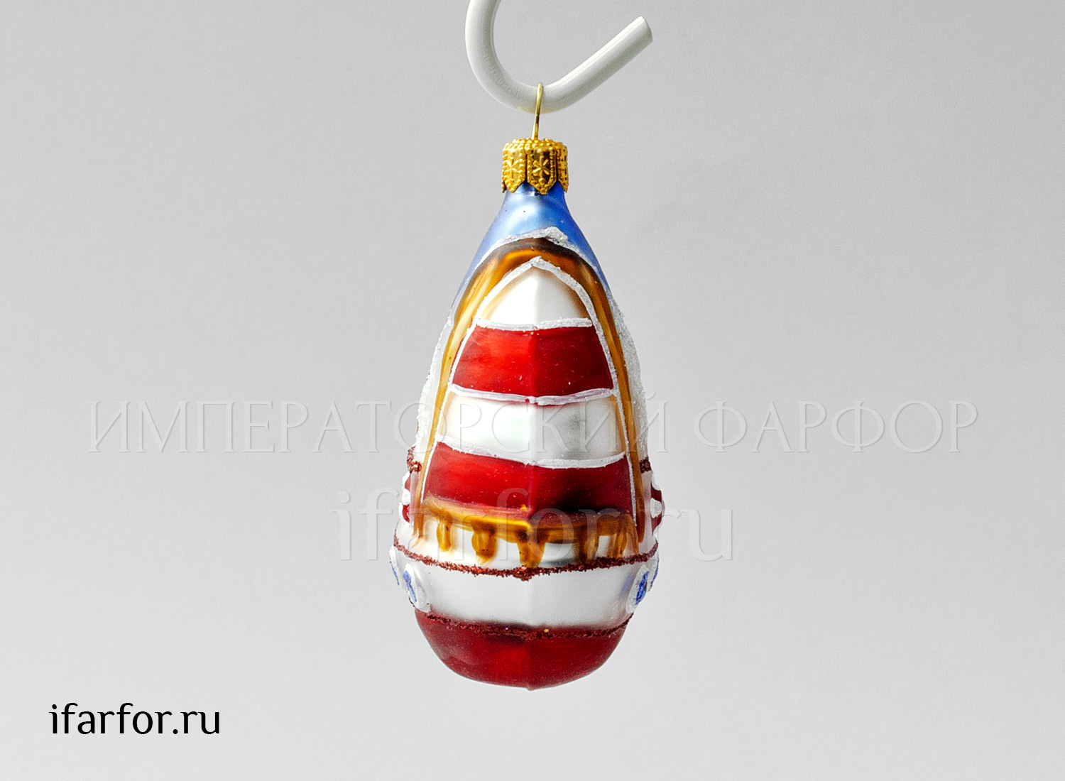 Елочная игрушка «Парусник полосатый красный» Стекло. 70 x 85 мм.