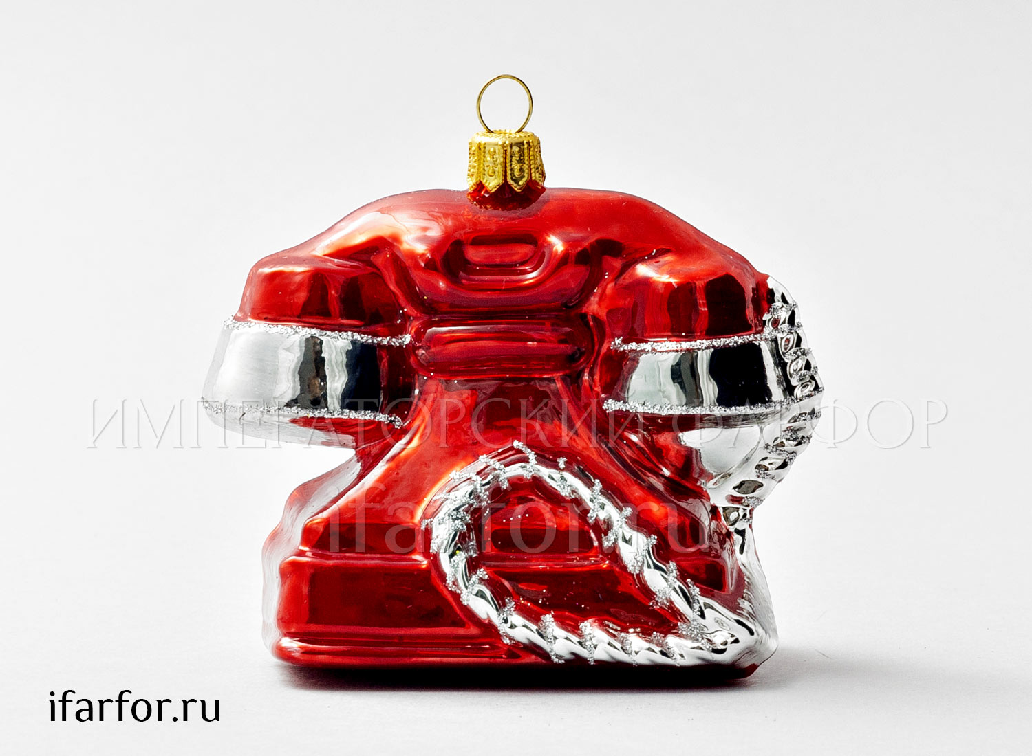 Елочная игрушка «Ретро Техника. Телефон красный» Стекло. 88 x 78 мм.