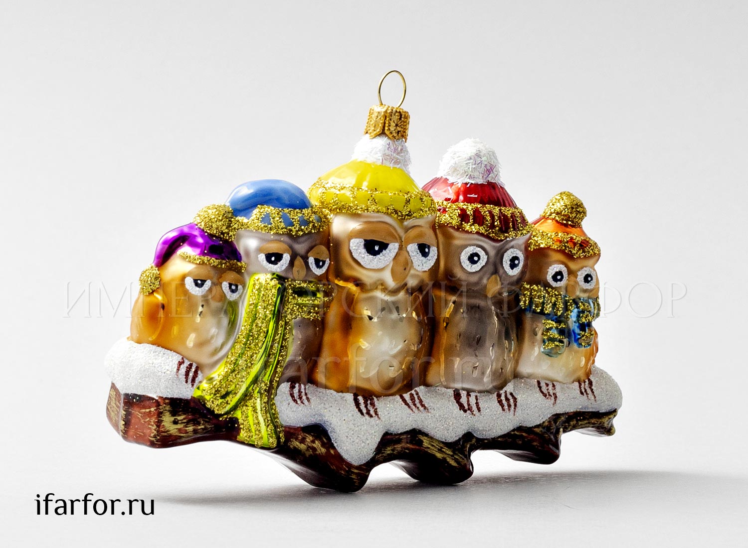 Елочная игрушка «Совиная семья» Стекло. 125 x 90 мм.
