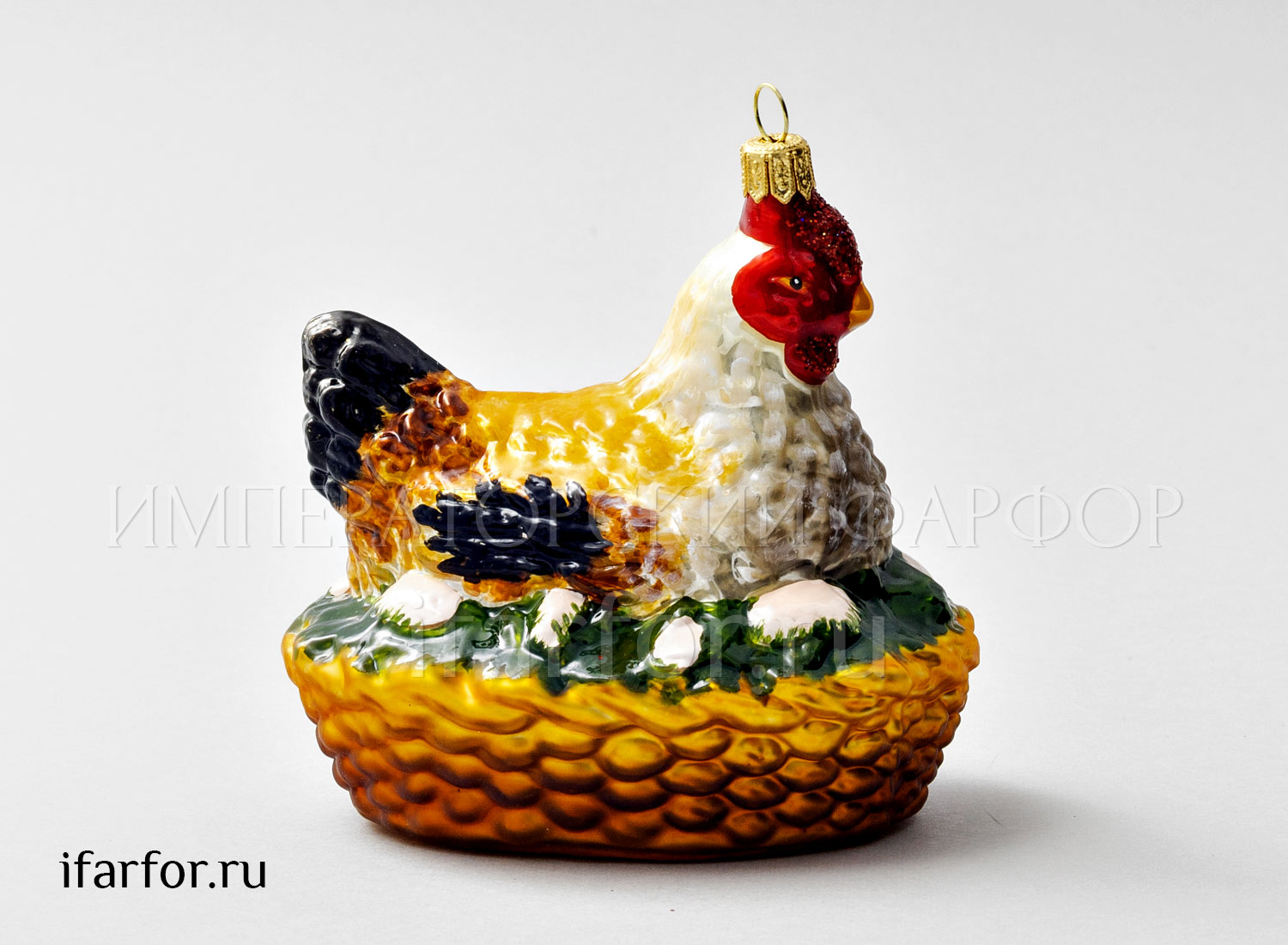Елочная игрушка «Курочка в гнезде» Стекло. 100 x 105 мм.