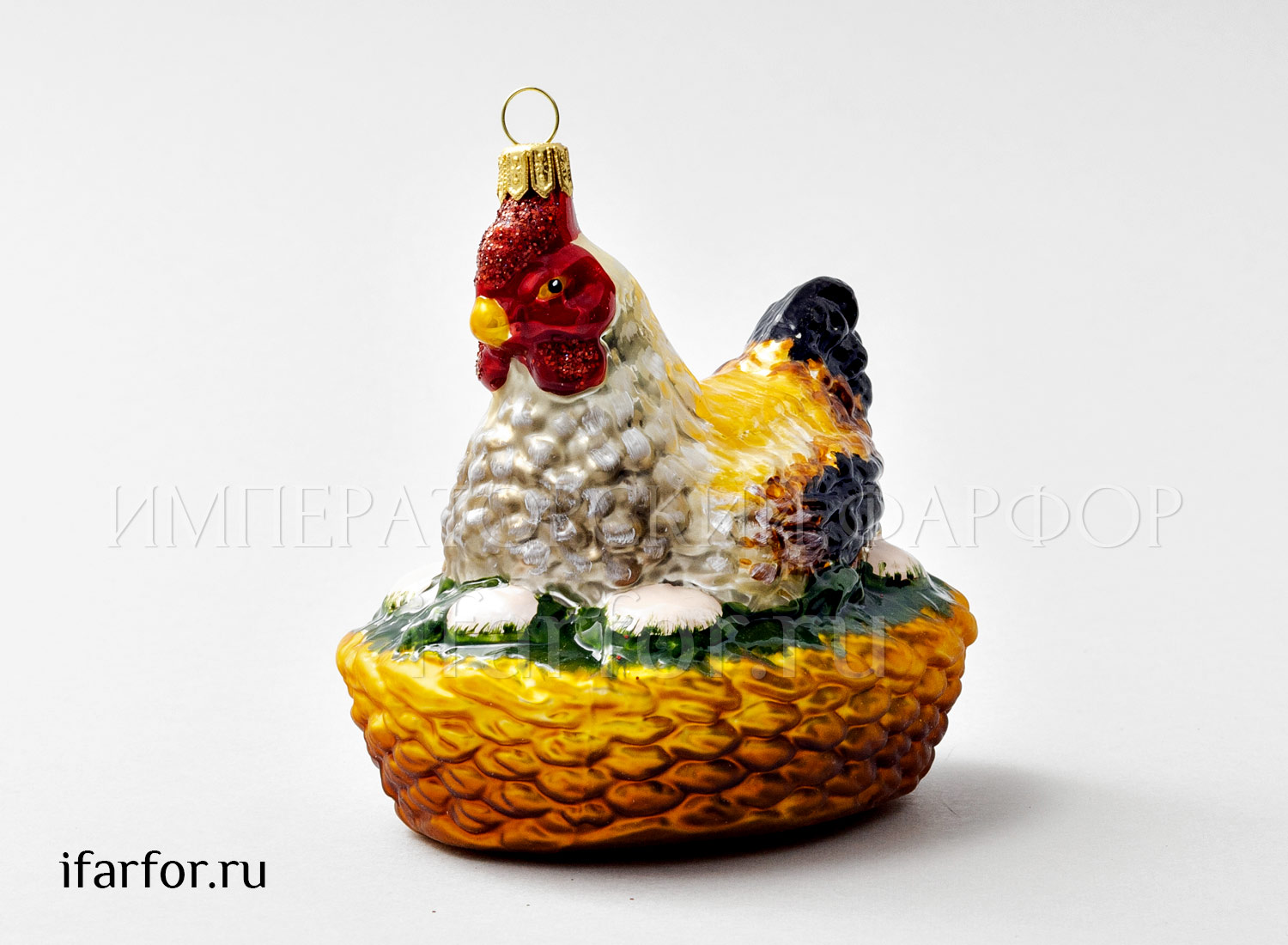 Елочная игрушка «Курочка в гнезде» Стекло. 100 x 105 мм.