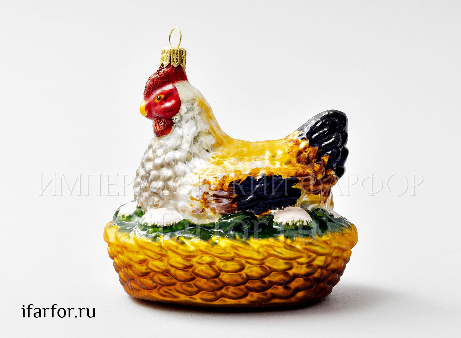 Елочная игрушка «Курочка в гнезде» Стекло. 100 x 105 мм.