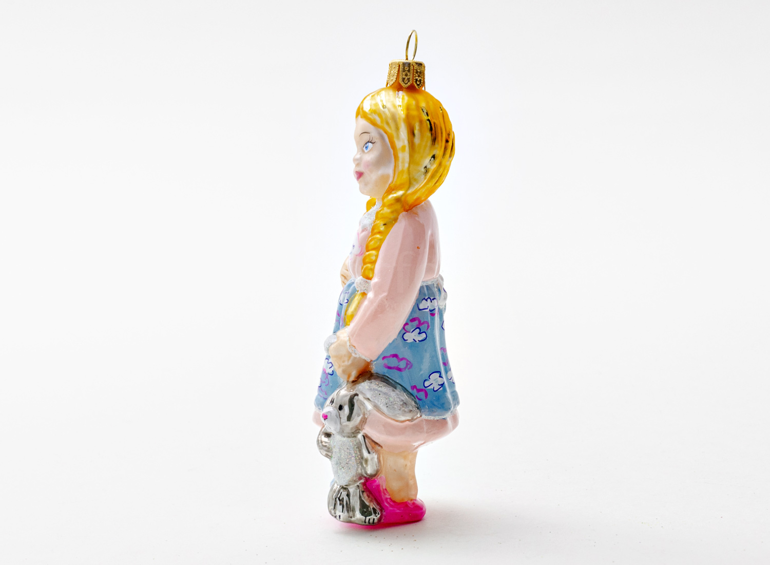 Елочная игрушка «Девочка с игрушечным зайчиком» Стекло. 55 x 130 мм.