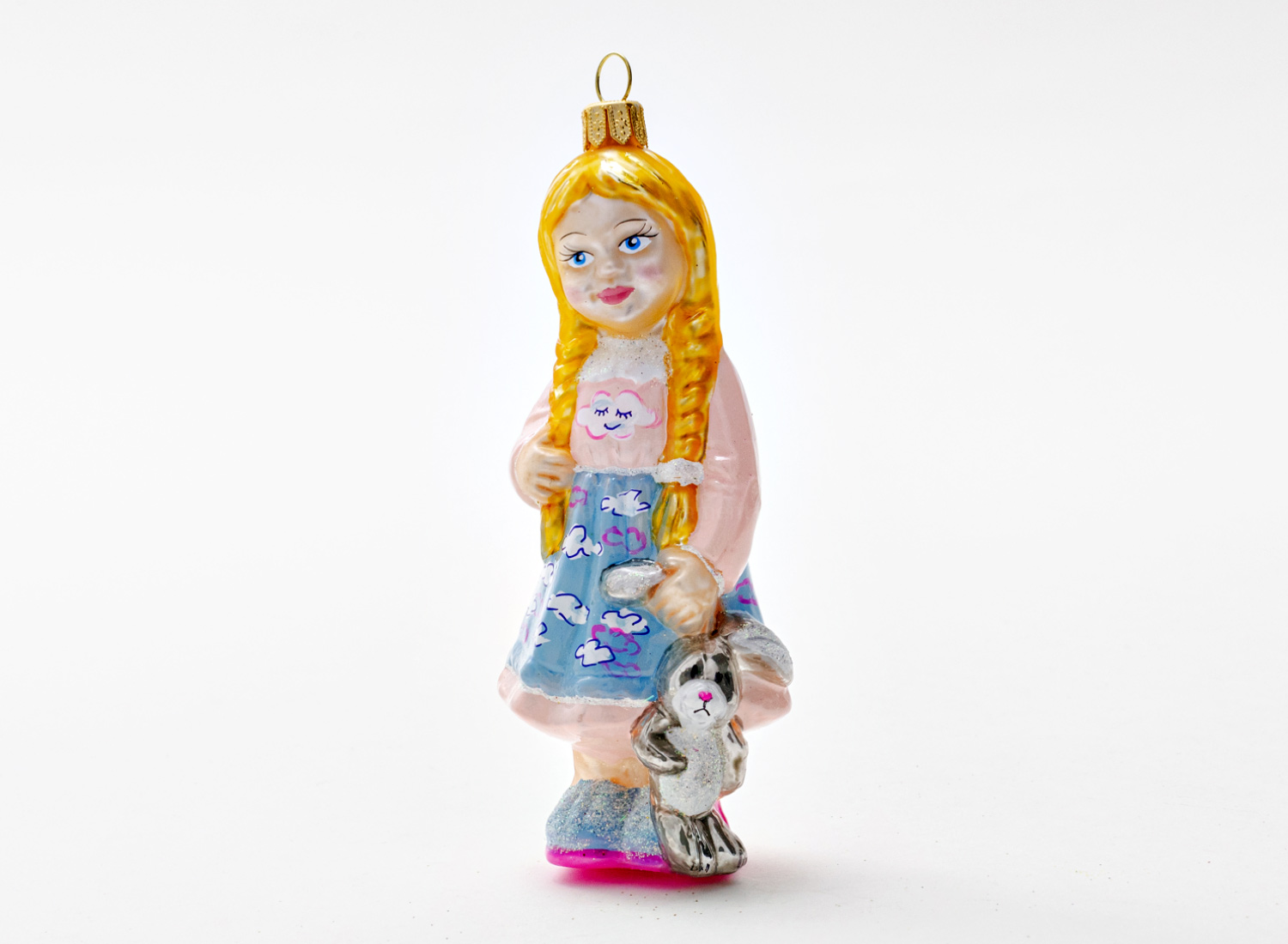 Елочная игрушка «Девочка с игрушечным зайчиком» Стекло. 55 x 130 мм.