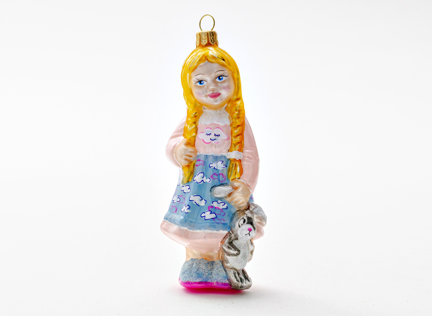 Елочная игрушка «Девочка с игрушечным зайчиком» Стекло. 55 x 130 мм.