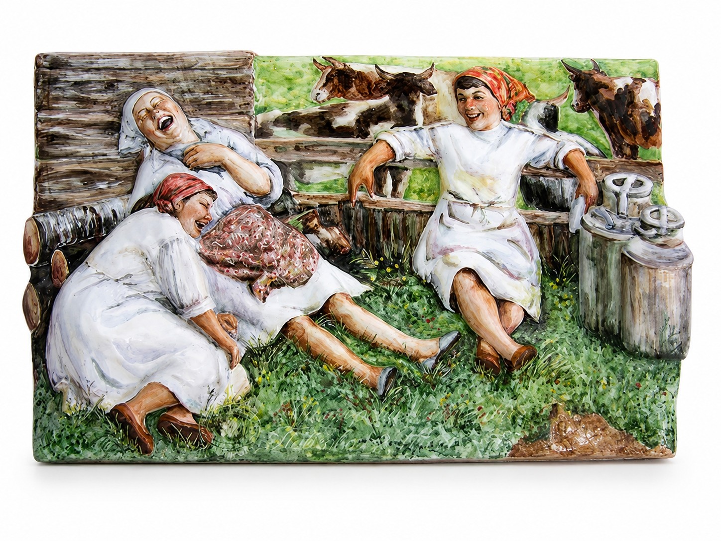 Плакетка «Рельеф Доярки» Майолика. 455 x 290 мм.
