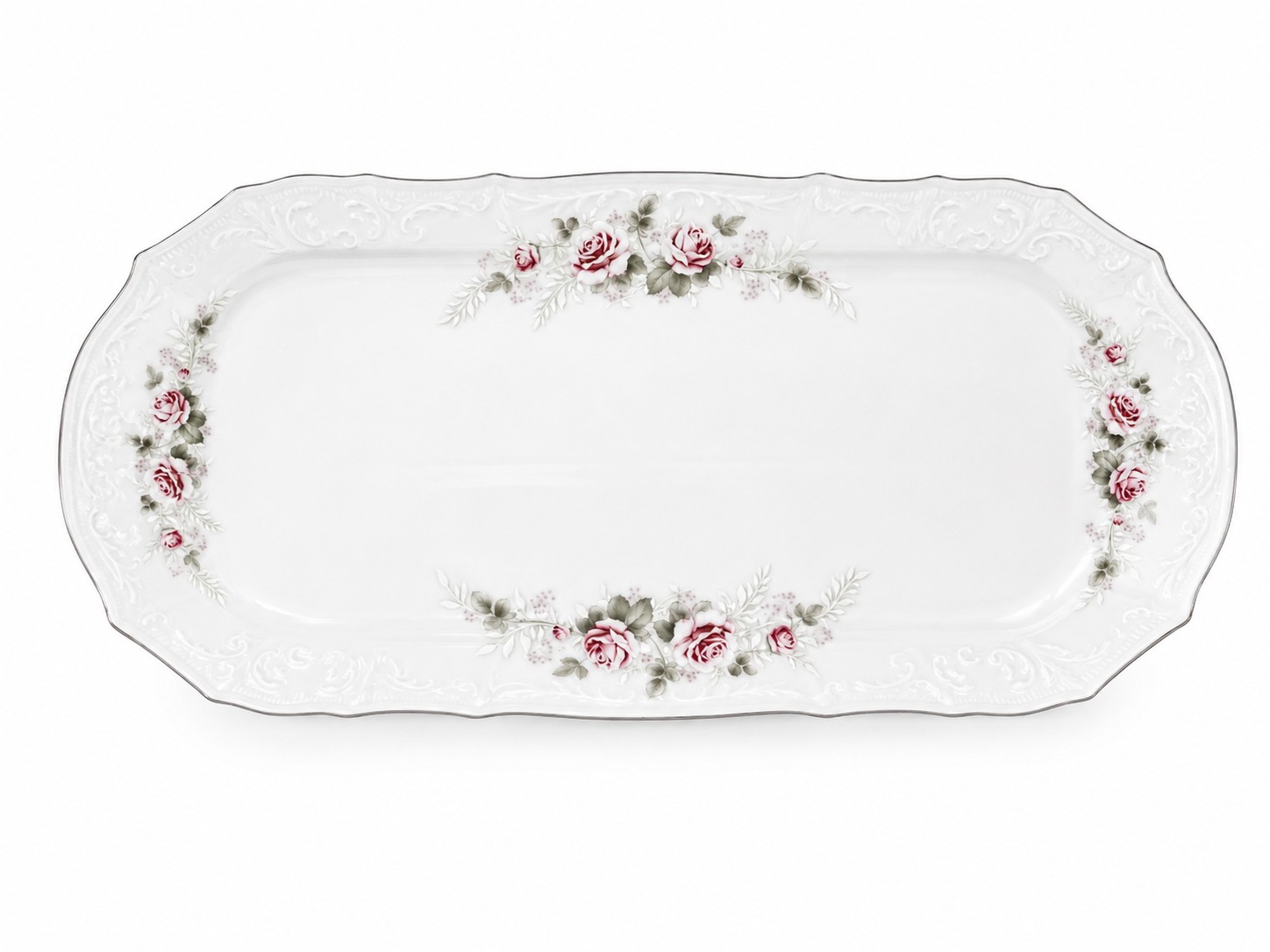 Поднос прямоугольный «Бледные розы отводка платина» Форма: Бернадотт. Фарфор. 370 мм.