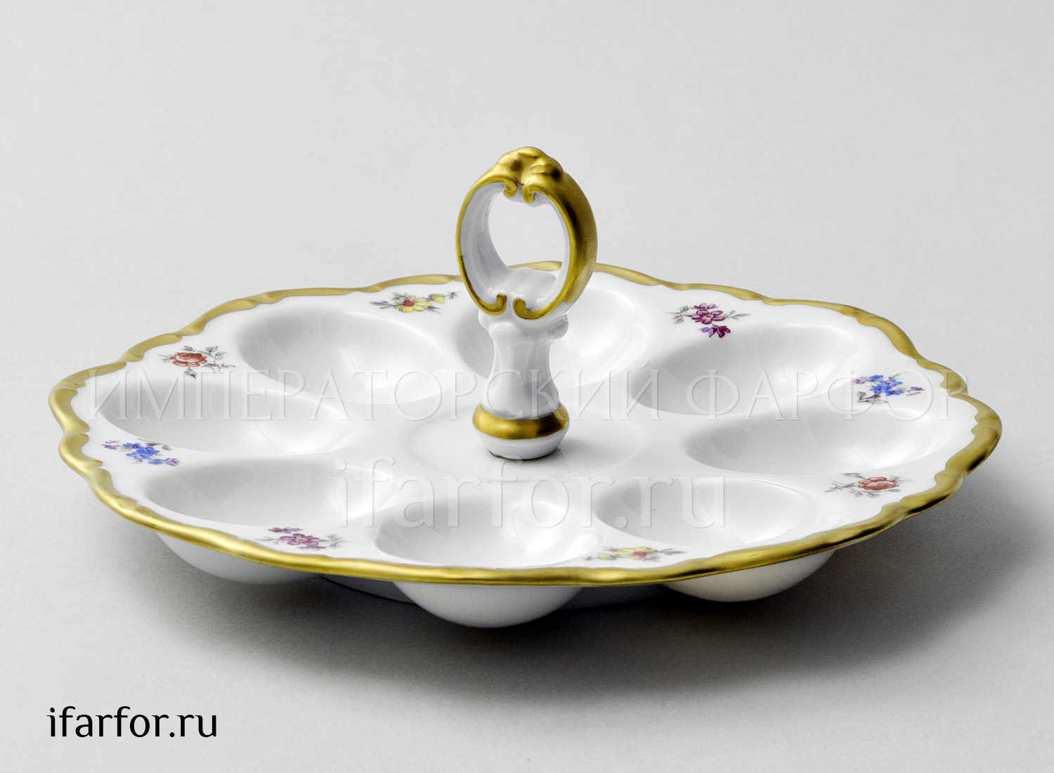 Поднос с ручкой для яиц «Корона Цветы» Форма: Корона Круглый лоток на 8 яиц. Фарфор. 200 мм.
