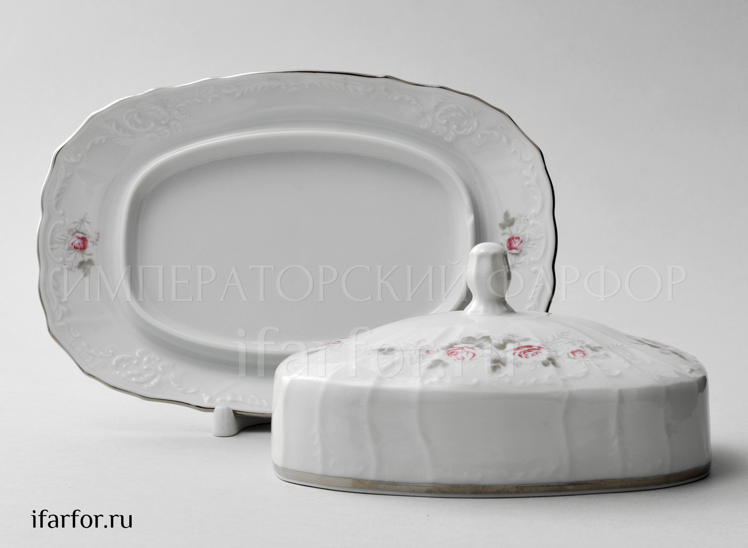Масленка и крышка «Бернадотт Серая роза платина» Форма: Бернадотт. Фарфор. 215 x 145 x 95 мм.