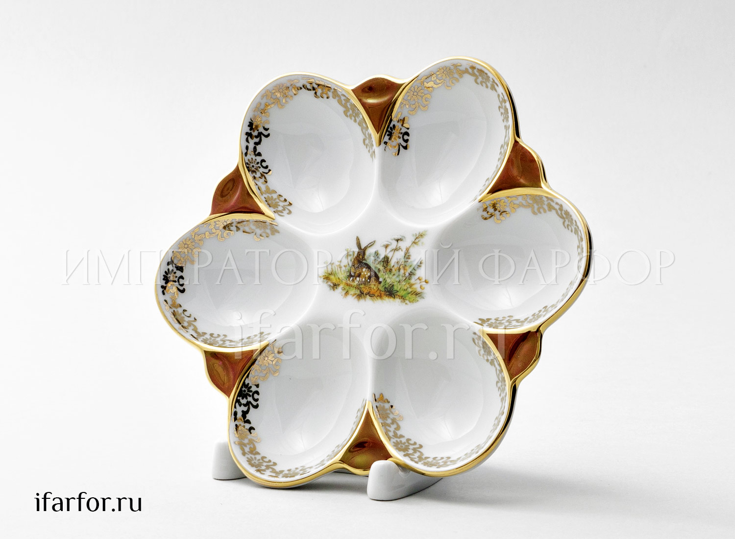 Поднос для яиц «Охота Красная» Форма: Корона Круглый лоток на 6 яиц. Фарфор. 150 мм.