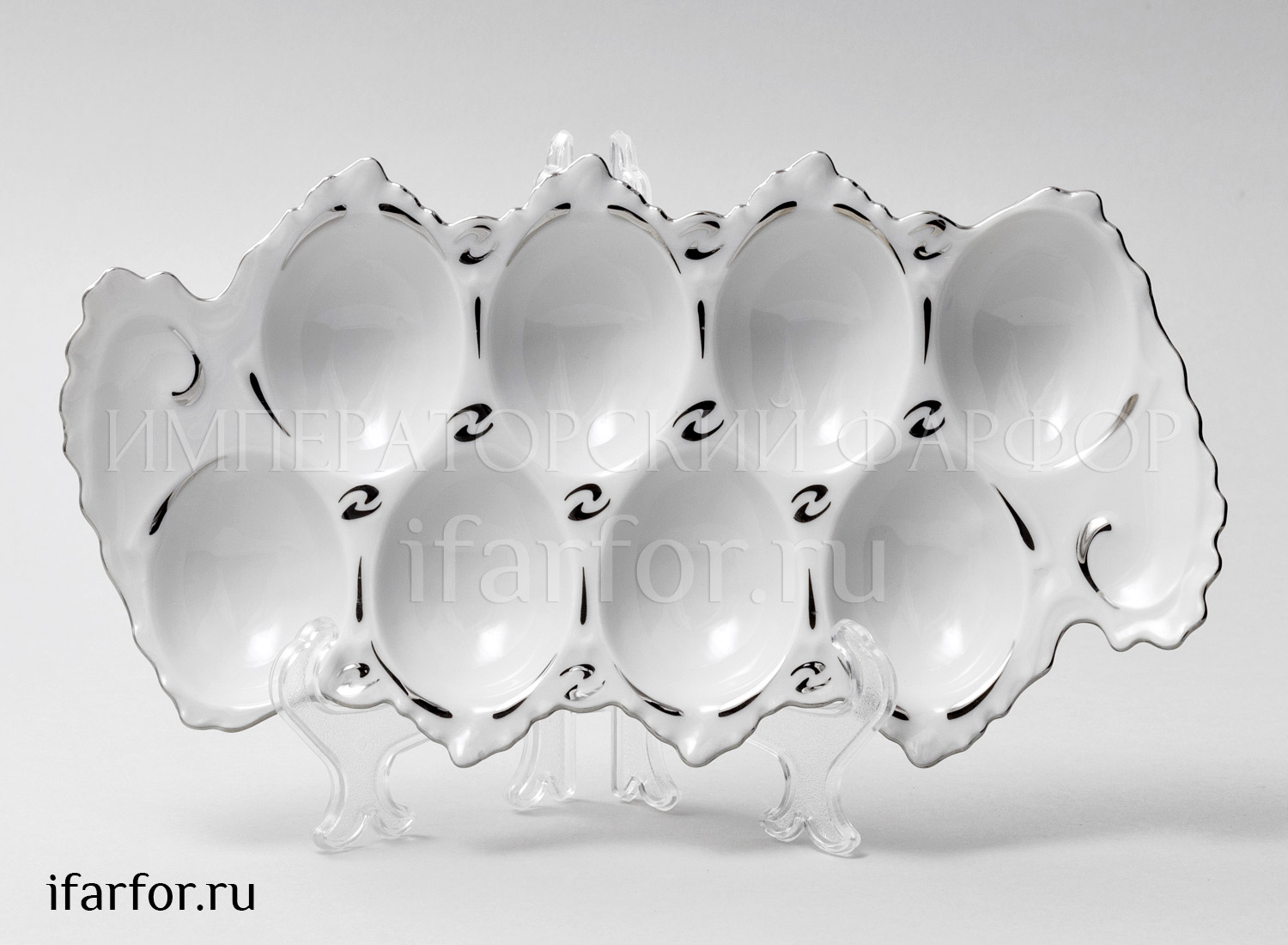 Поднос для яиц «Платиновый узор» Форма: Корона Лоток на 8 яиц. Фарфор. 340 мм.
