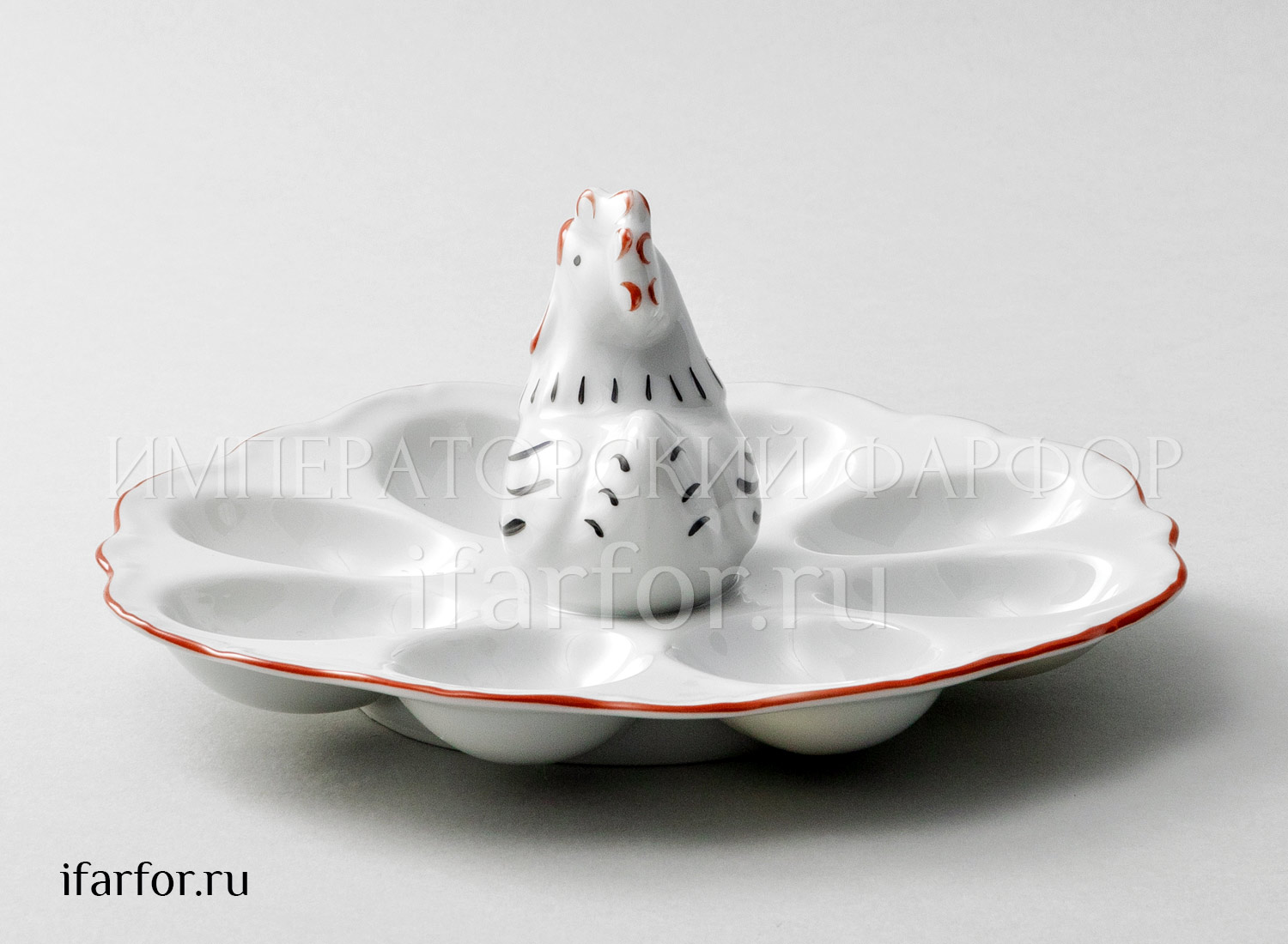 Поднос для яиц «Курица» Форма: Корона Круглый лоток на 8 яиц. Фарфор. 210 мм.