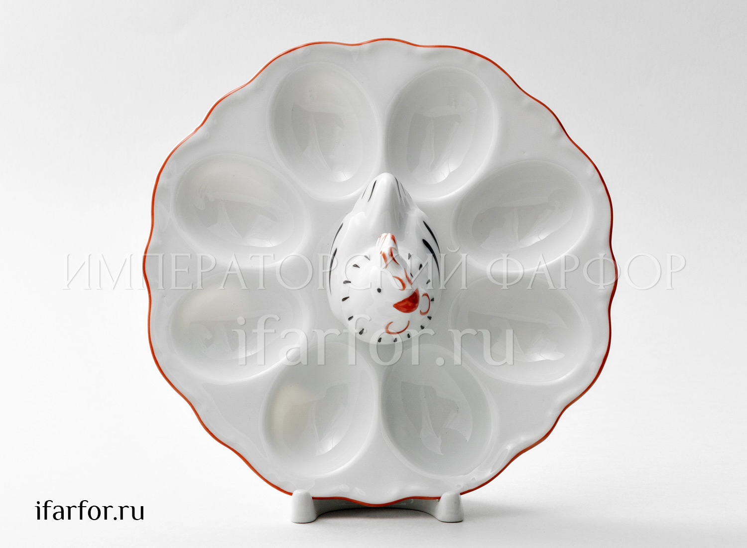 Поднос для яиц «Курица» Форма: Корона Круглый лоток на 8 яиц. Фарфор. 210 мм.