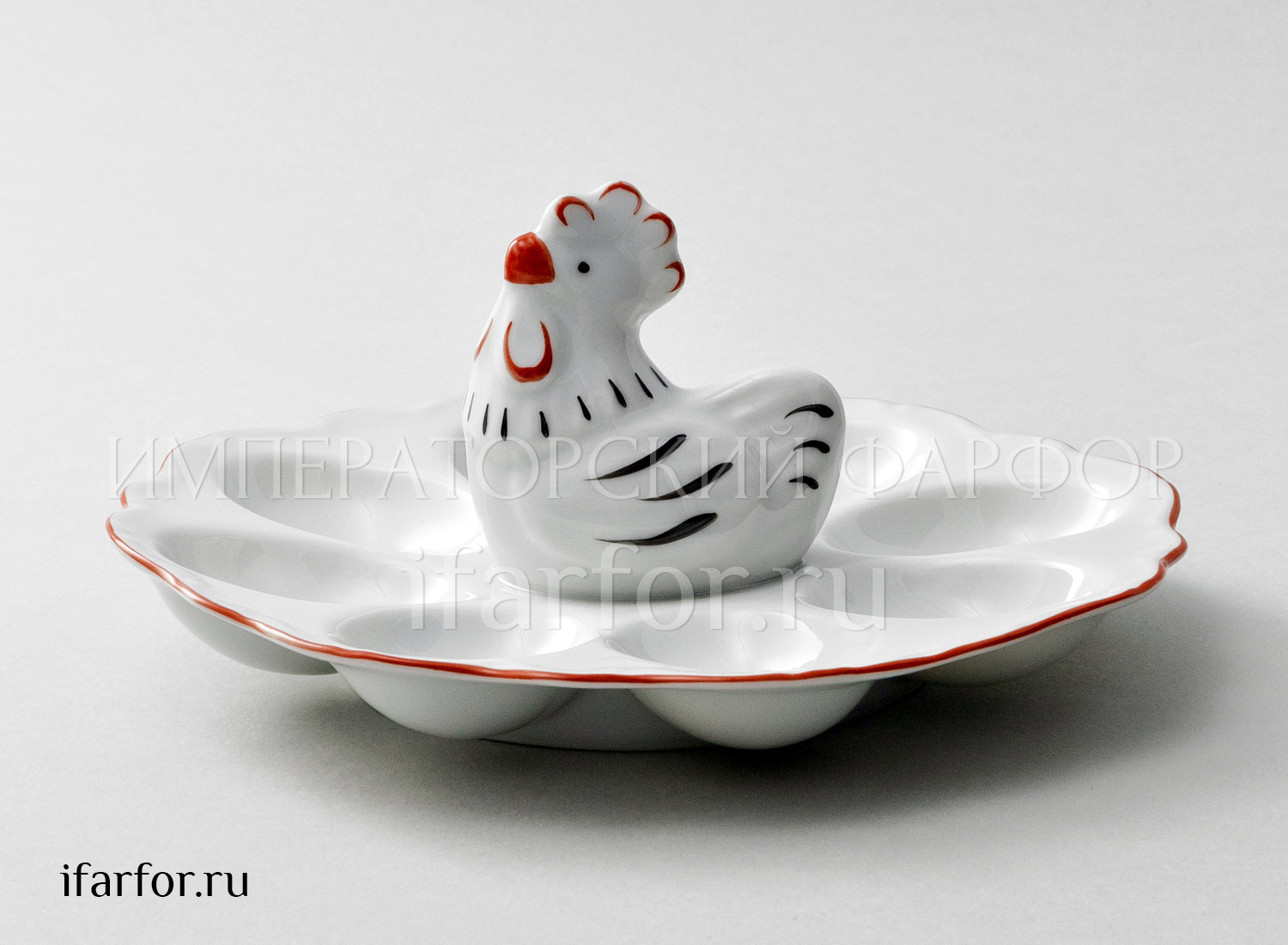 Поднос для яиц «Курица» Форма: Корона Круглый лоток на 8 яиц. Фарфор. 210 мм.