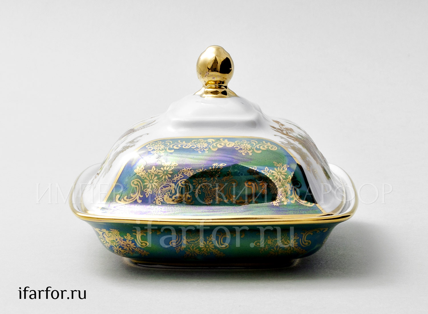Масленка и крышка «Охота Зеленая» Форма: Фредерика. Фарфор. 140 x 160 x 100 мм.