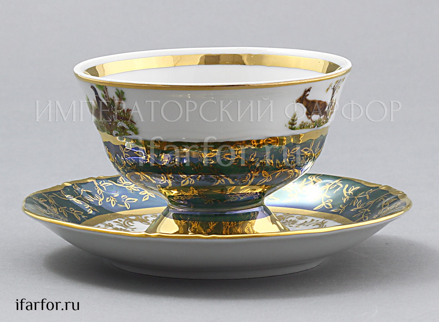 Набор чашек с блюдцами «Охота Зеленая» 6/12 Форма: STERNE PORCELAN. Фарфор. 220 мл.