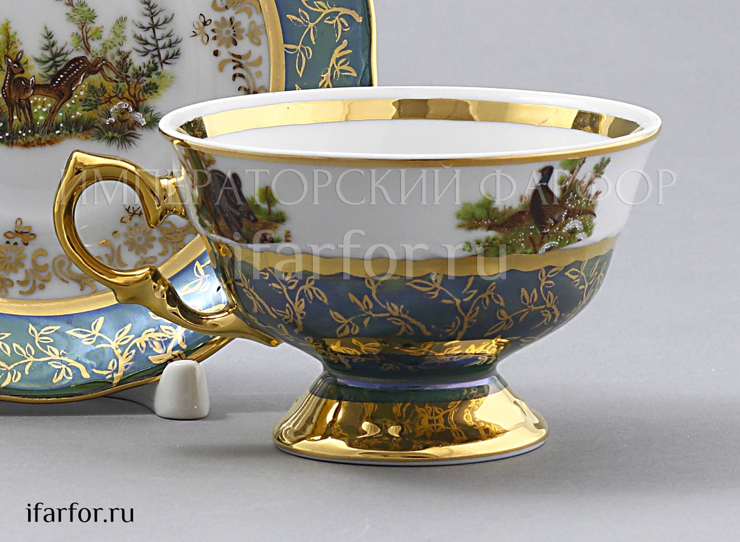 Набор чашек с блюдцами «Охота Зеленая» 6/12 Форма: STERNE PORCELAN. Фарфор. 220 мл.