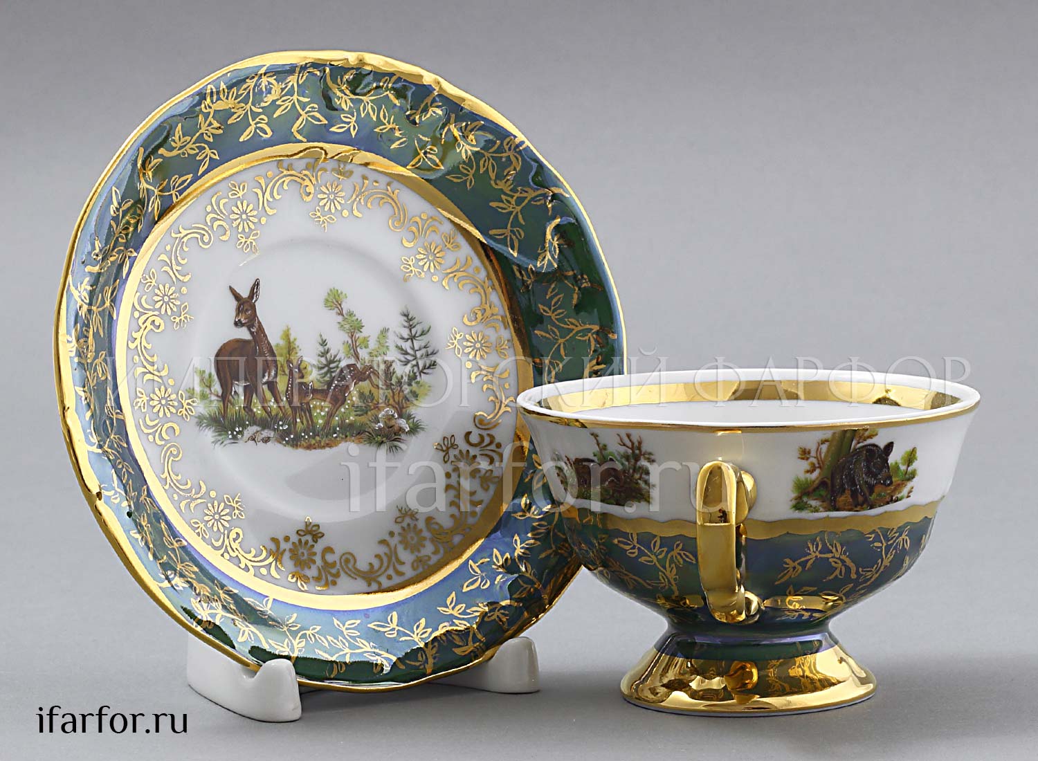 Набор чашек с блюдцами «Охота Зеленая» 6/12 Форма: STERNE PORCELAN. Фарфор. 220 мл.