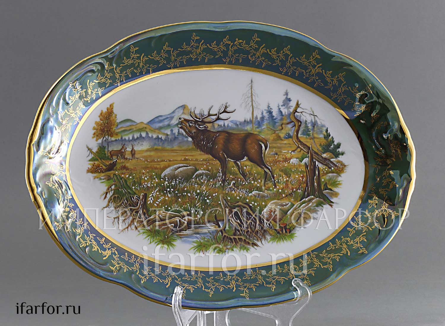 Блюдо овальное «Охота Зеленая» Форма: STERNE PORCELAN. Фарфор. 330 мм.