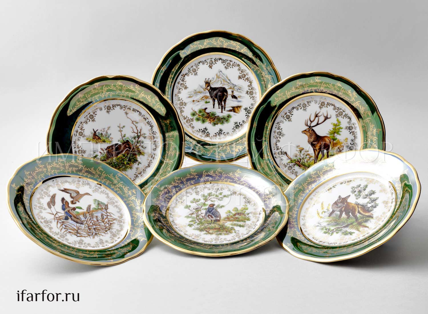 Набор тарелок столовый «Охота Зеленая» 6/6 Форма: STERNE PORCELAN. Фарфор. 190 мм.