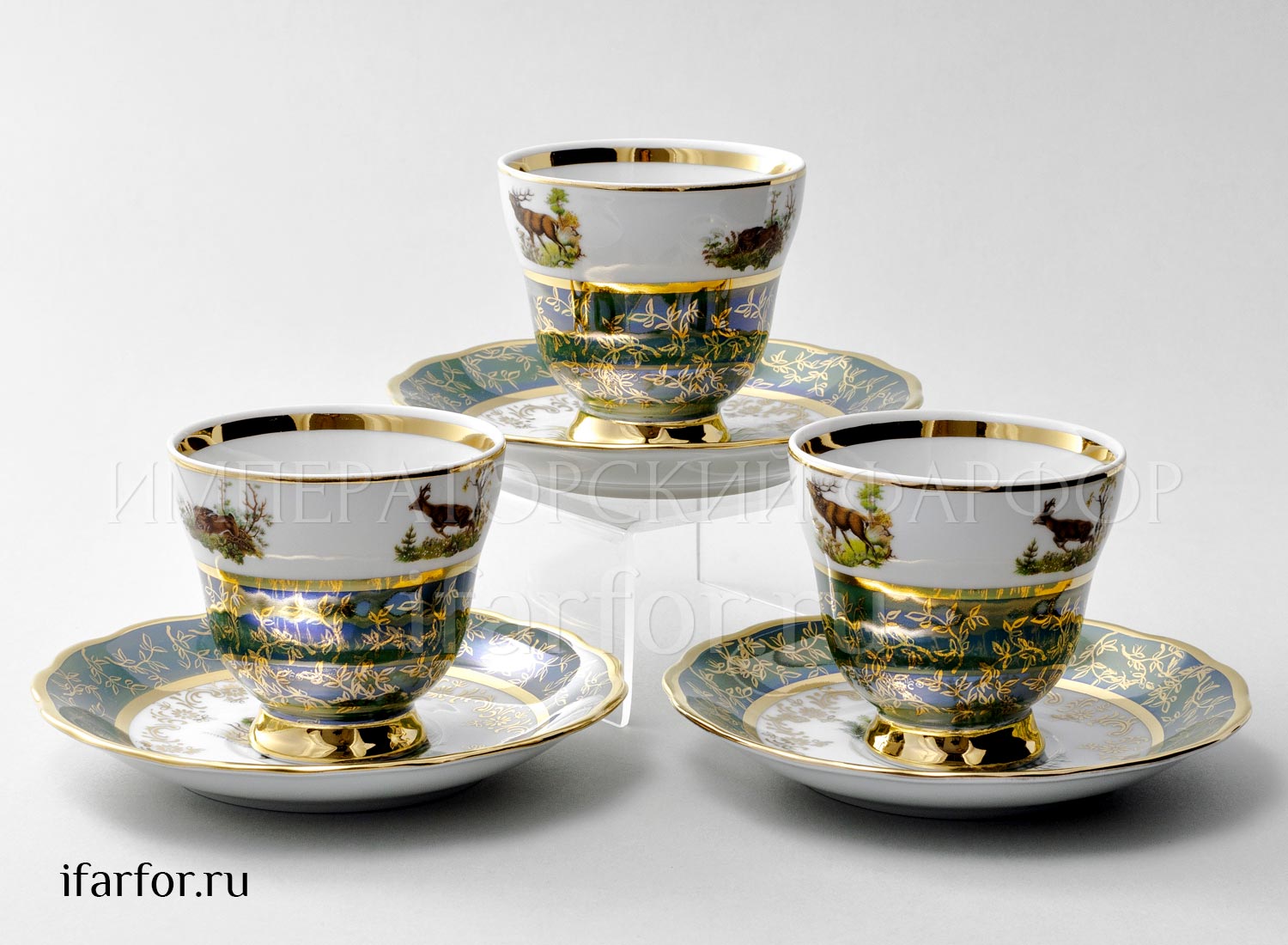 Набор чашек с блюдцами кофейный «Охота Зеленая» 6/12 Форма: STERNE PORCELAN. Фарфор. 140 мл.