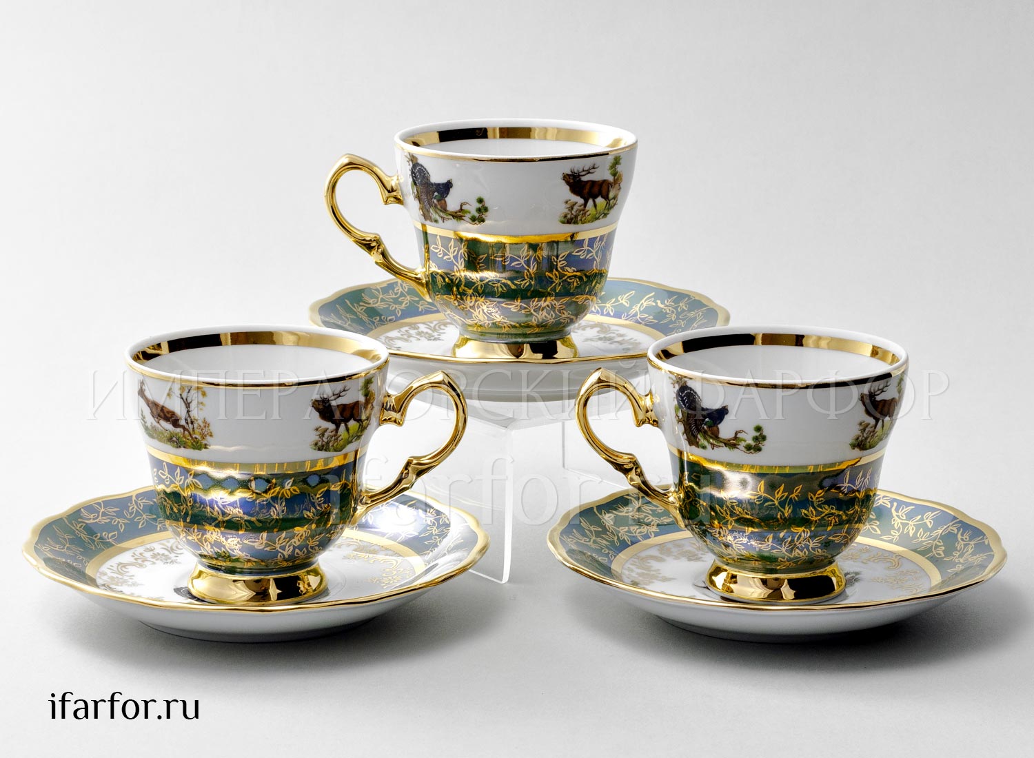 Набор чашек с блюдцами кофейный «Охота Зеленая» 6/12 Форма: STERNE PORCELAN. Фарфор. 140 мл.