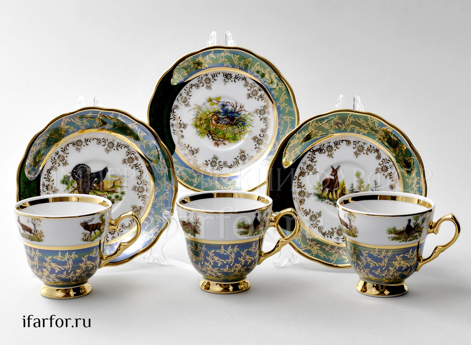 Набор чашек с блюдцами кофейный «Охота Зеленая» 6/12 Форма: STERNE PORCELAN. Фарфор. 140 мл.