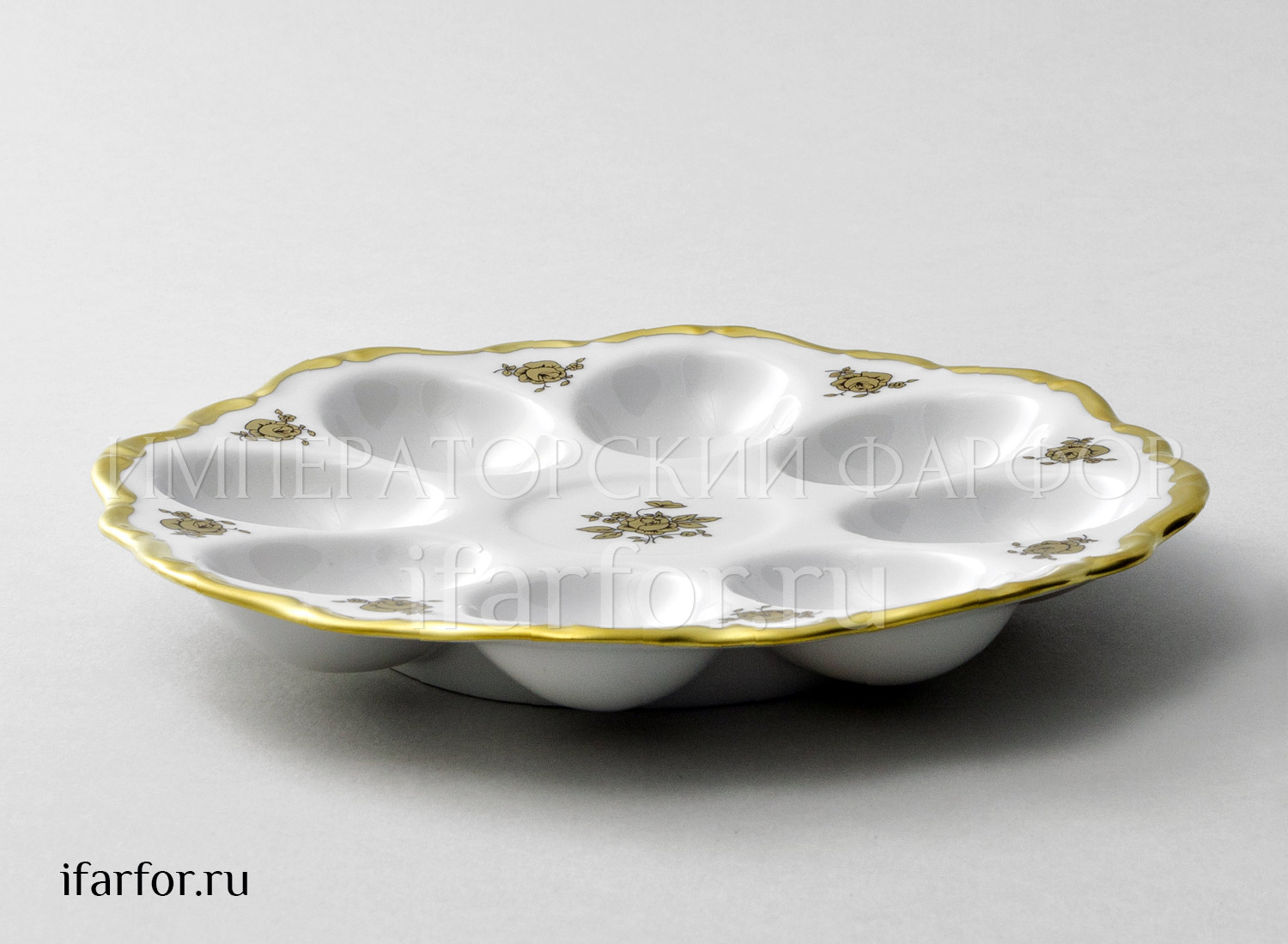 Поднос для яиц «Корона Золотая роза» Форма: Корона Круглый лоток на 8 яиц. Фарфор. 200 мм.
