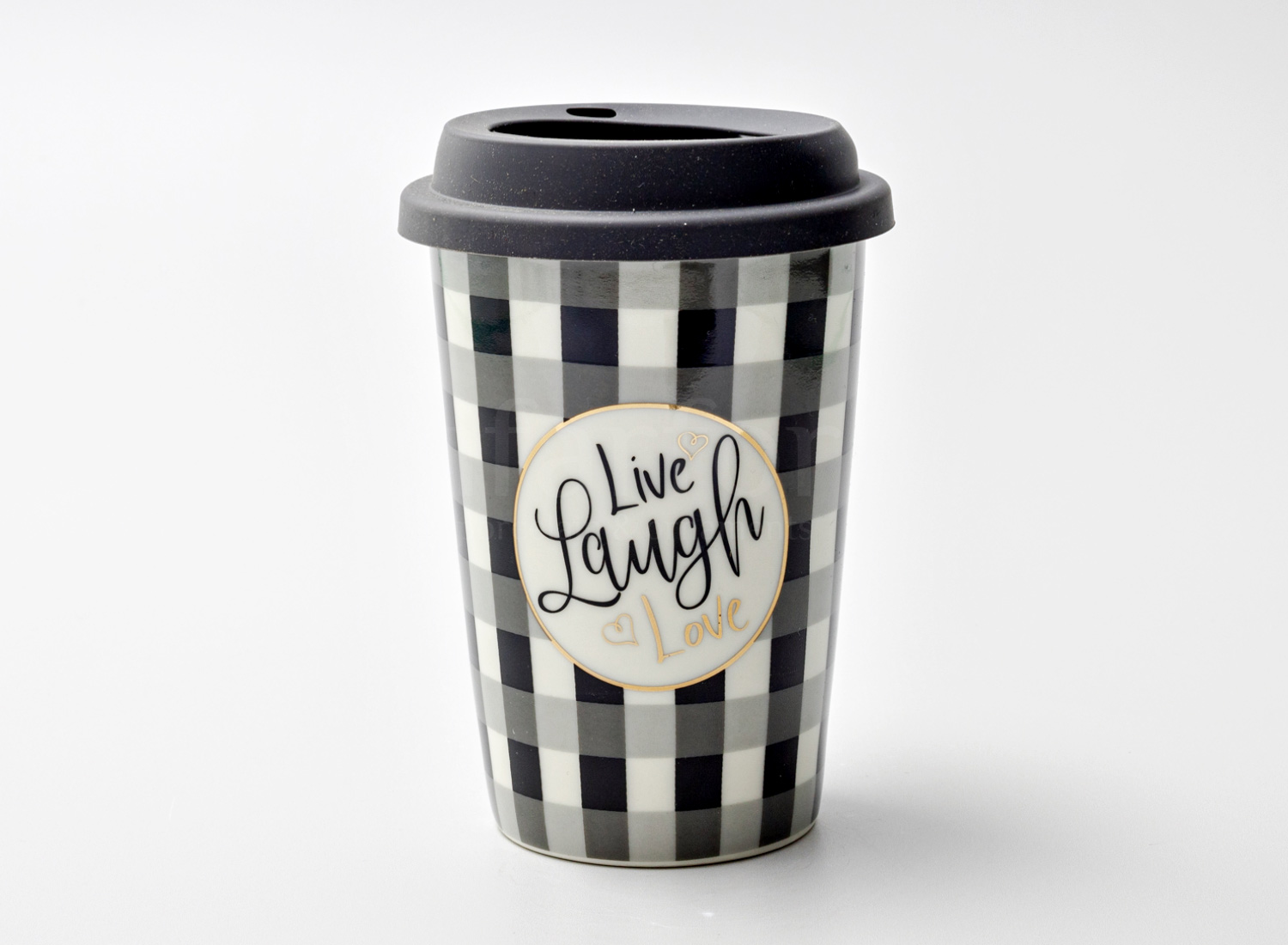 Термокружка «Live, laugh, love (черная)» 1/2 Форма: Royal Classics. Фарфор, силиконовая крышка. 127 мм.