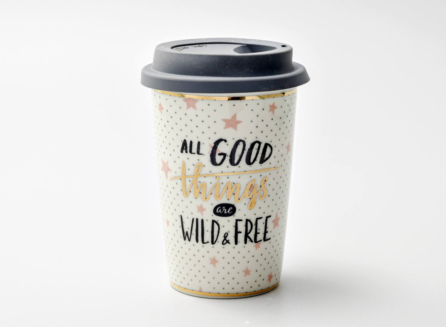 Термокружка «All good things are wild and free» 1/2 Форма: Royal Classics. Фарфор, силиконовая крышка. 127 мм.