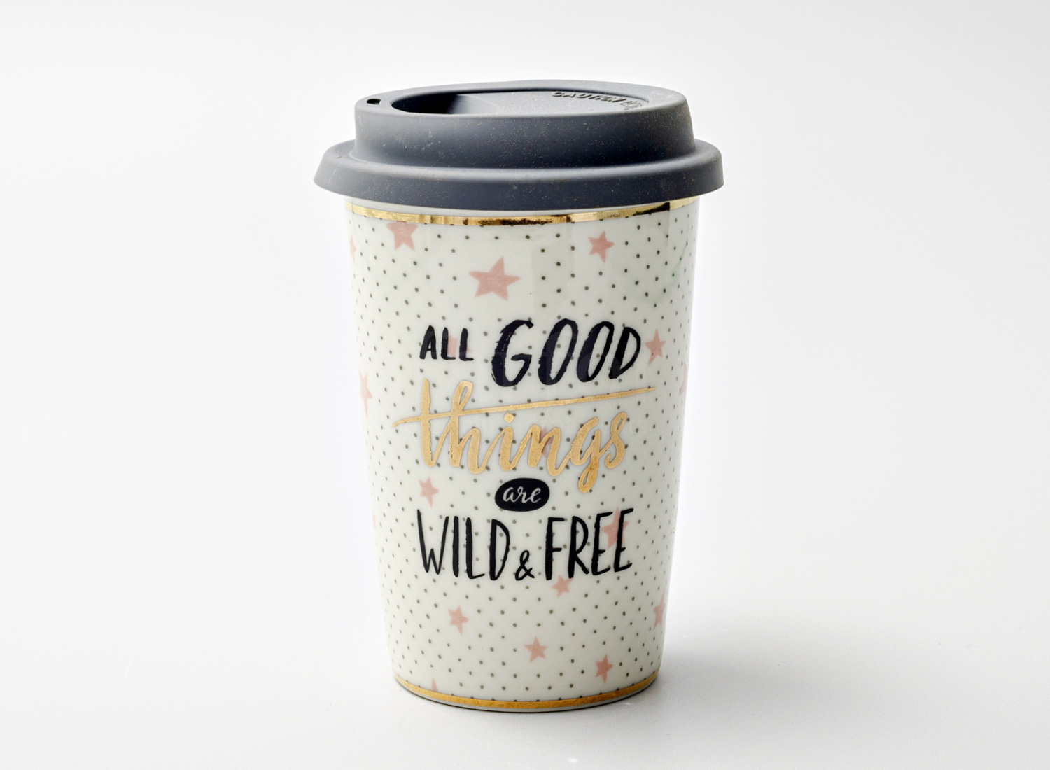 Термокружка «All good things are wild and free» 1/2 Форма: Royal Classics. Фарфор, силиконовая крышка. 127 мм.
